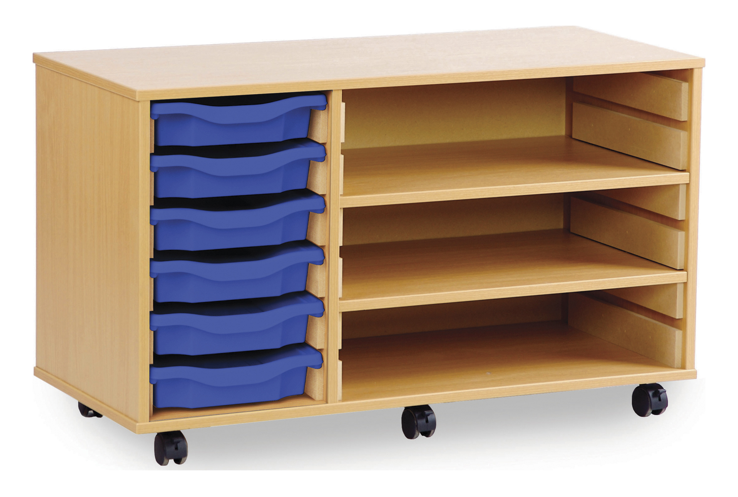 Combination Tray Storage Classroom Bookcase, 6 Tray/2 Shelf - 103wx46dx62h (cm), Red/Blue/Green/Yellow Trays