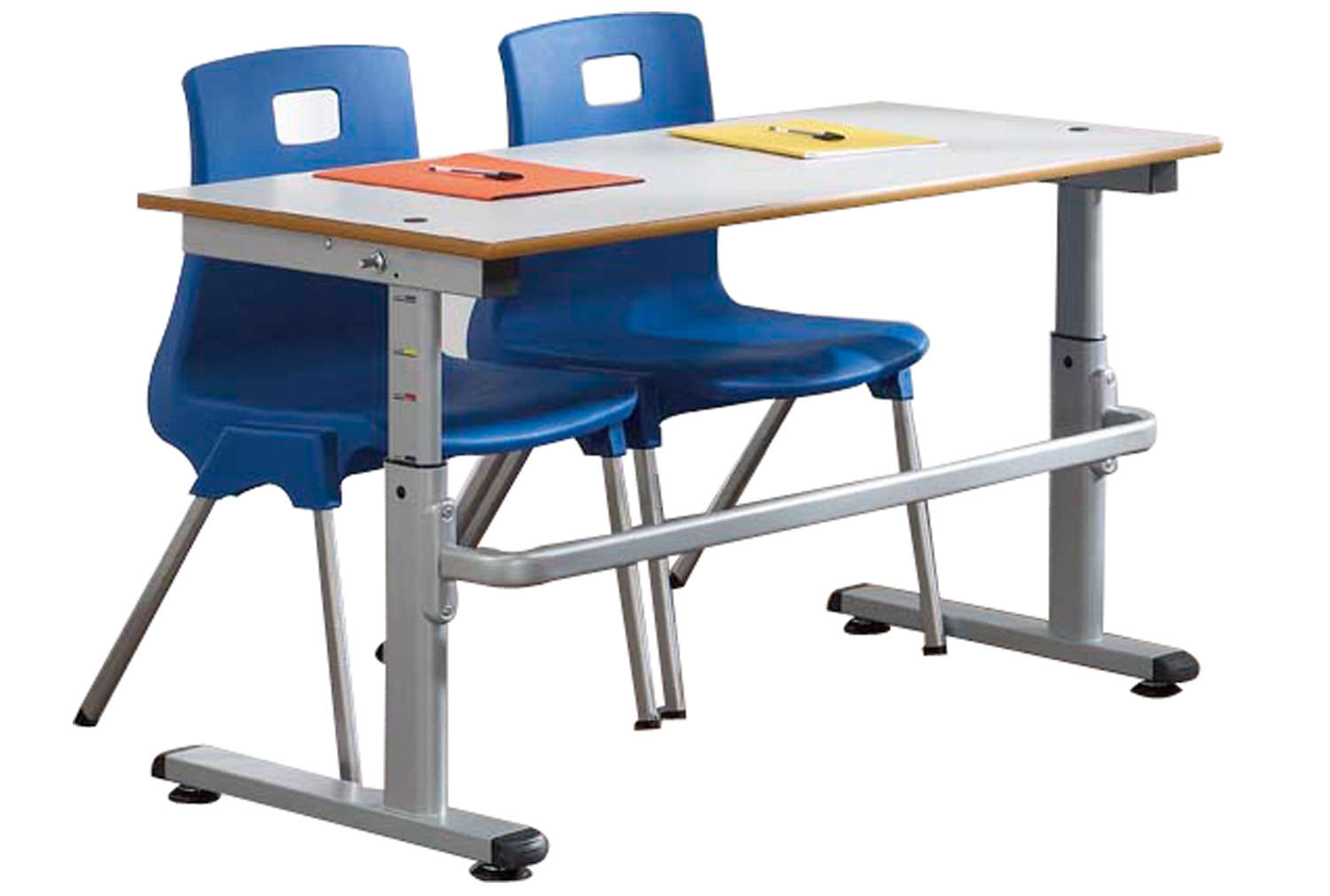 Qty 2 - Height Adjustable Classroom Tables, 120wx60d (cm), Grey Top, PU Light Grey Edge
