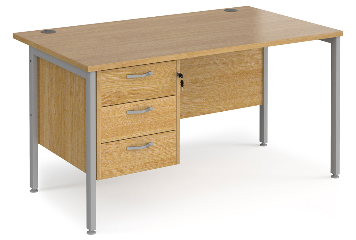 Value Line Deluxe H-Leg Rectangular Office Desk 3 Drawers (Silver Legs), 140wx80dx73h (cm), Oak
