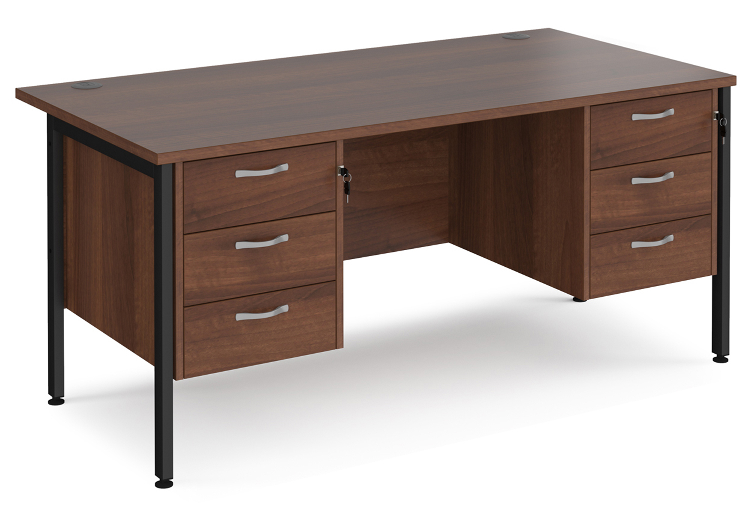Value Line Deluxe H-Leg Rectangular Office Desk 3+3 Drawers (Black Legs), 160wx80dx73h (cm), Walnut