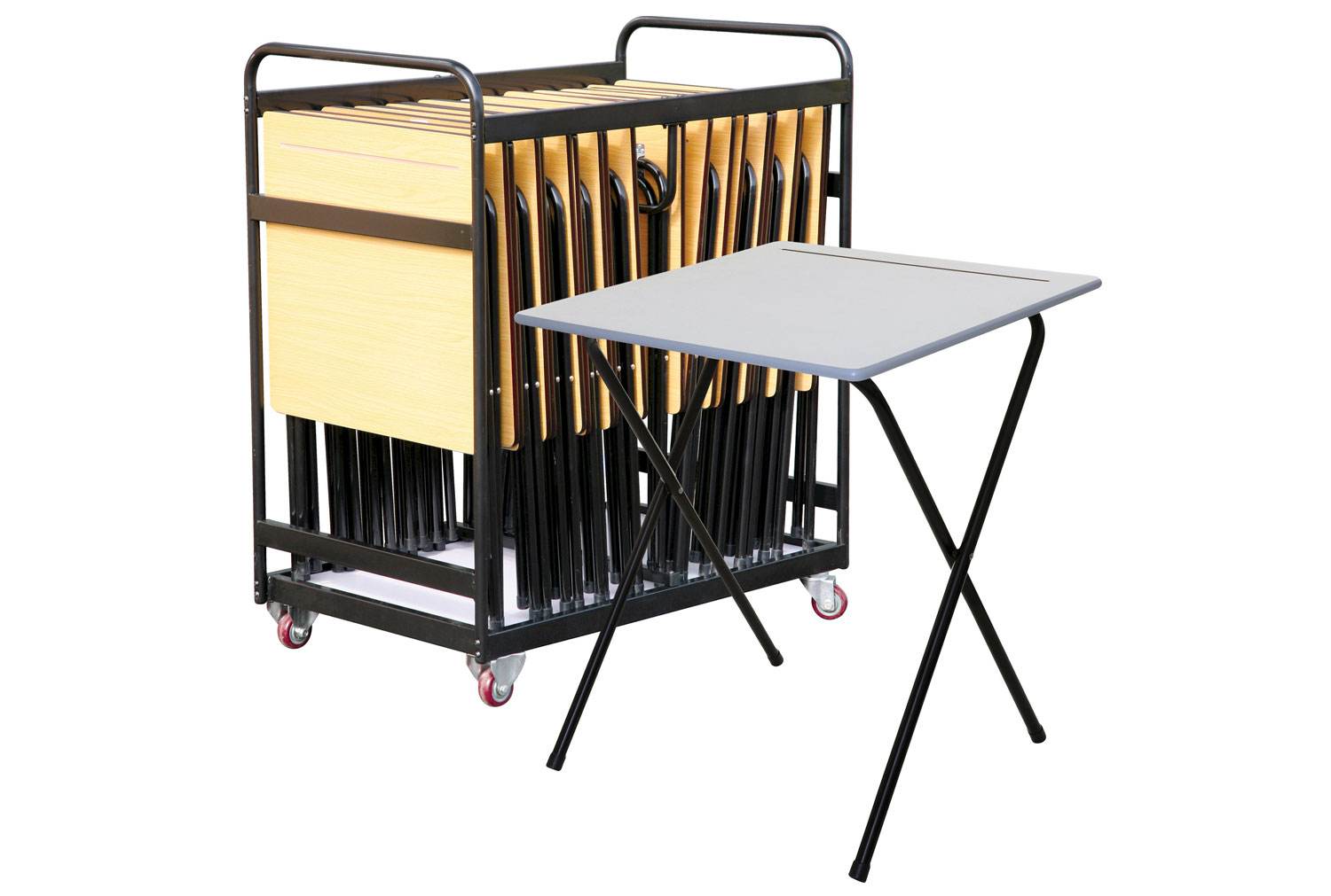 Folding Exam Desk Bundle Deal (25 Desks & 1 Trolley), Beech