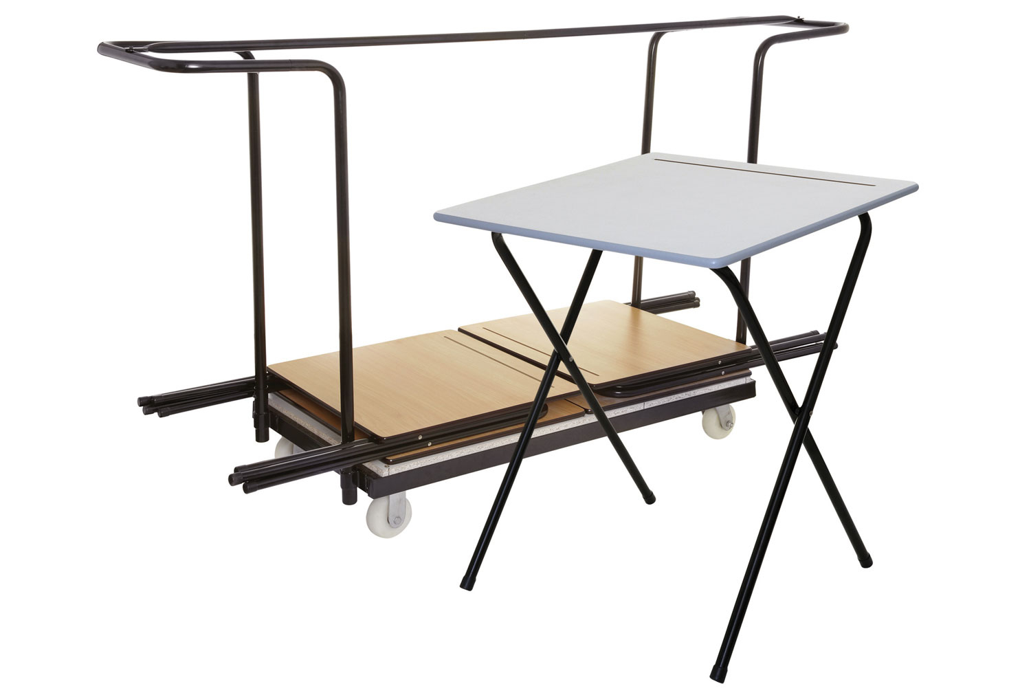 Folding Exam Desk Bundle Deal (40 Desks & 1 Trolley), Grey