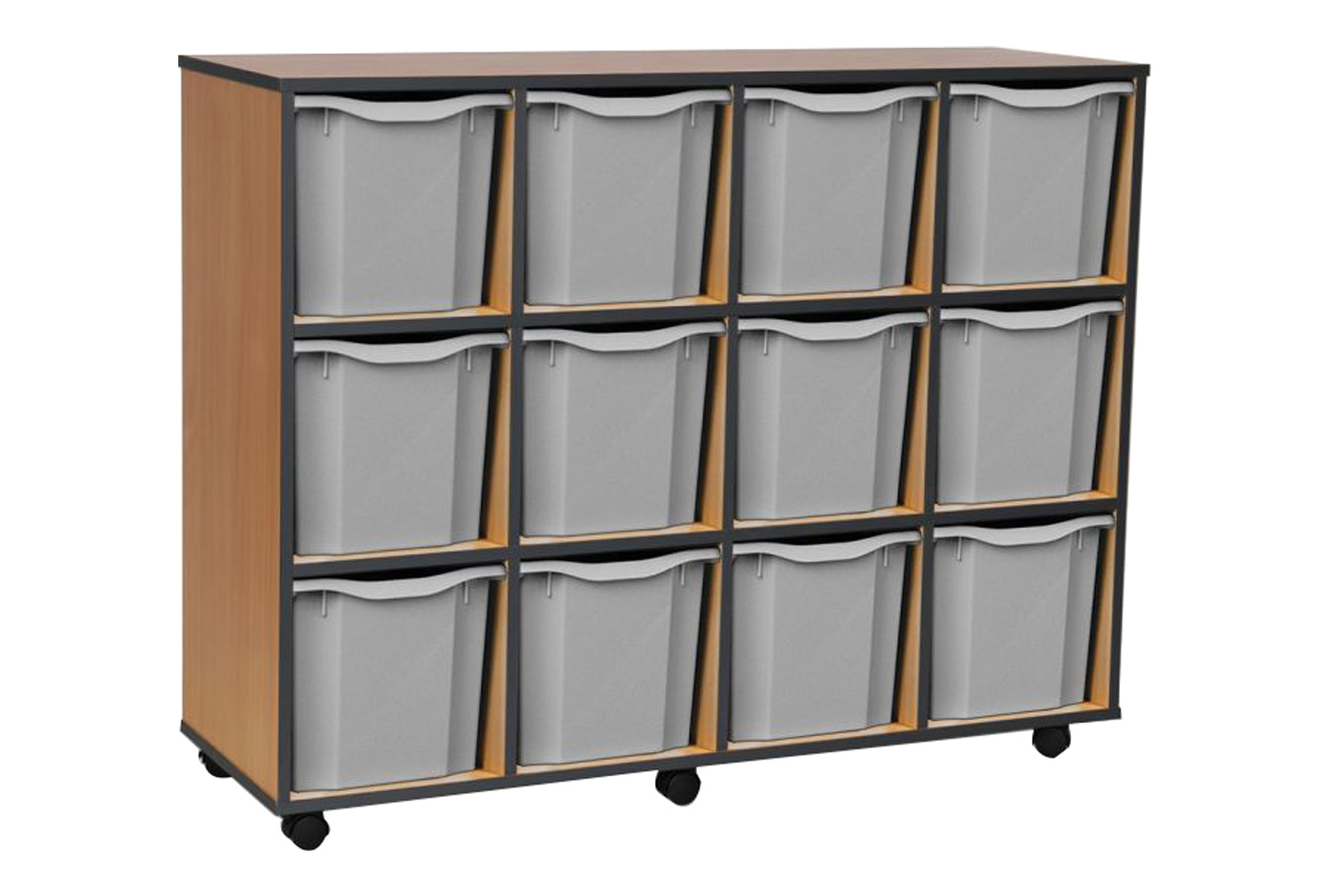 12 Jumbo Classroom Tray Storage Unit With Coloured Edge, Beech, Grey Trays & Edge