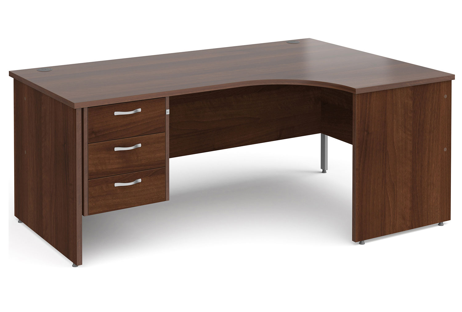 All Walnut Panel End Right Hand Ergo Office Desk 3 Drawers, 180wx120/80dx73h (cm), Fully Installed