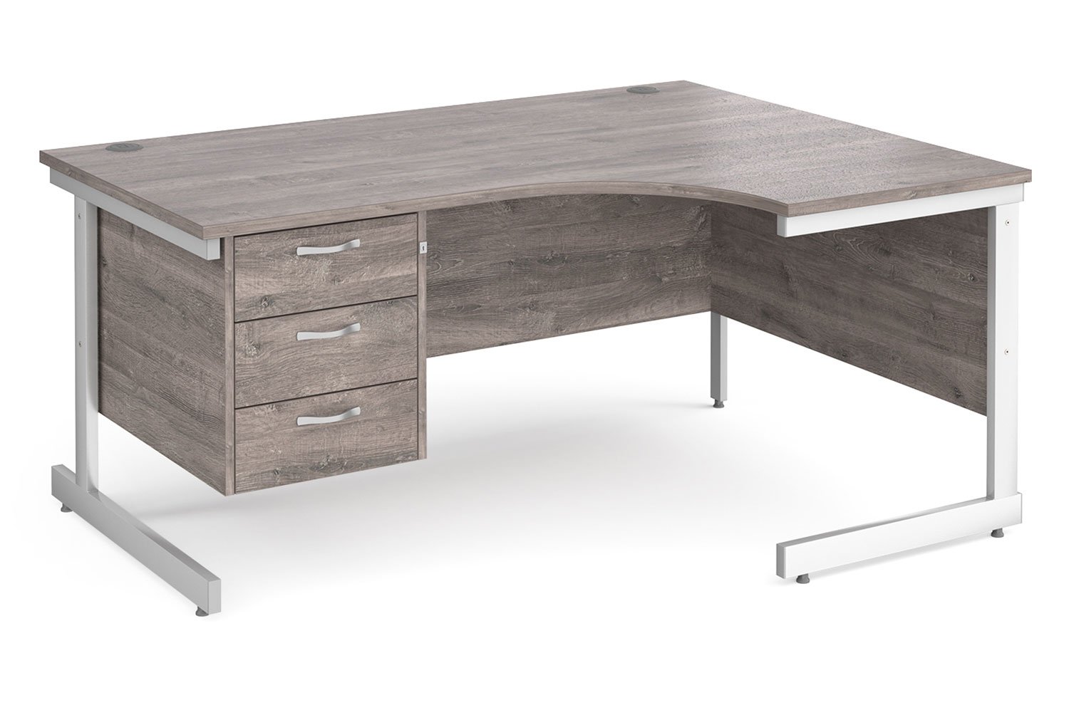 Thrifty Next-Day Right Hand Ergonomic Office Desk 3 Drawers Grey Oak, 160wx120/80dx73h (cm), Express Delivery