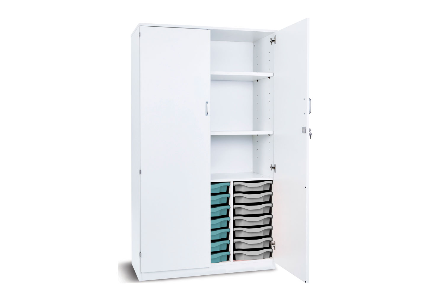 Pearl 21 Shallow Tray Classroom Storage Cupboard With 2 Adjustable Shelves, White, Green Trays