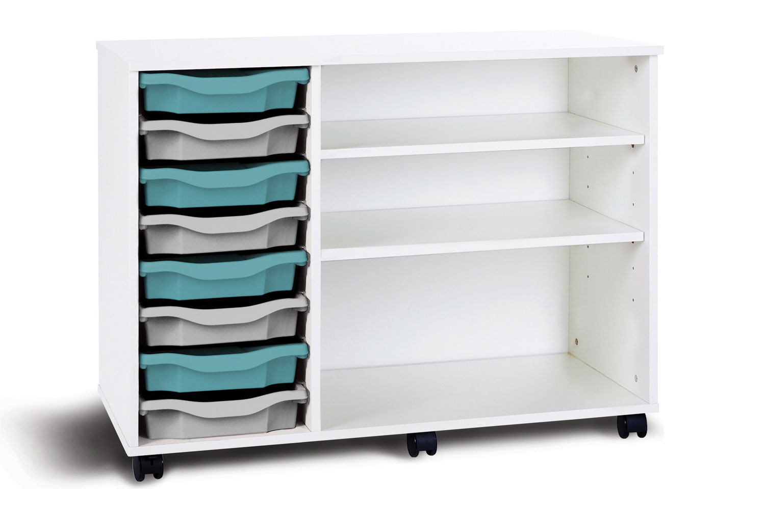 Pearl Mobile Combination Unit With 8 Shallow Classroom Trays & 2 Adjustable Shelves, No Doors, White, Blueberry Jelly Classroom Trays