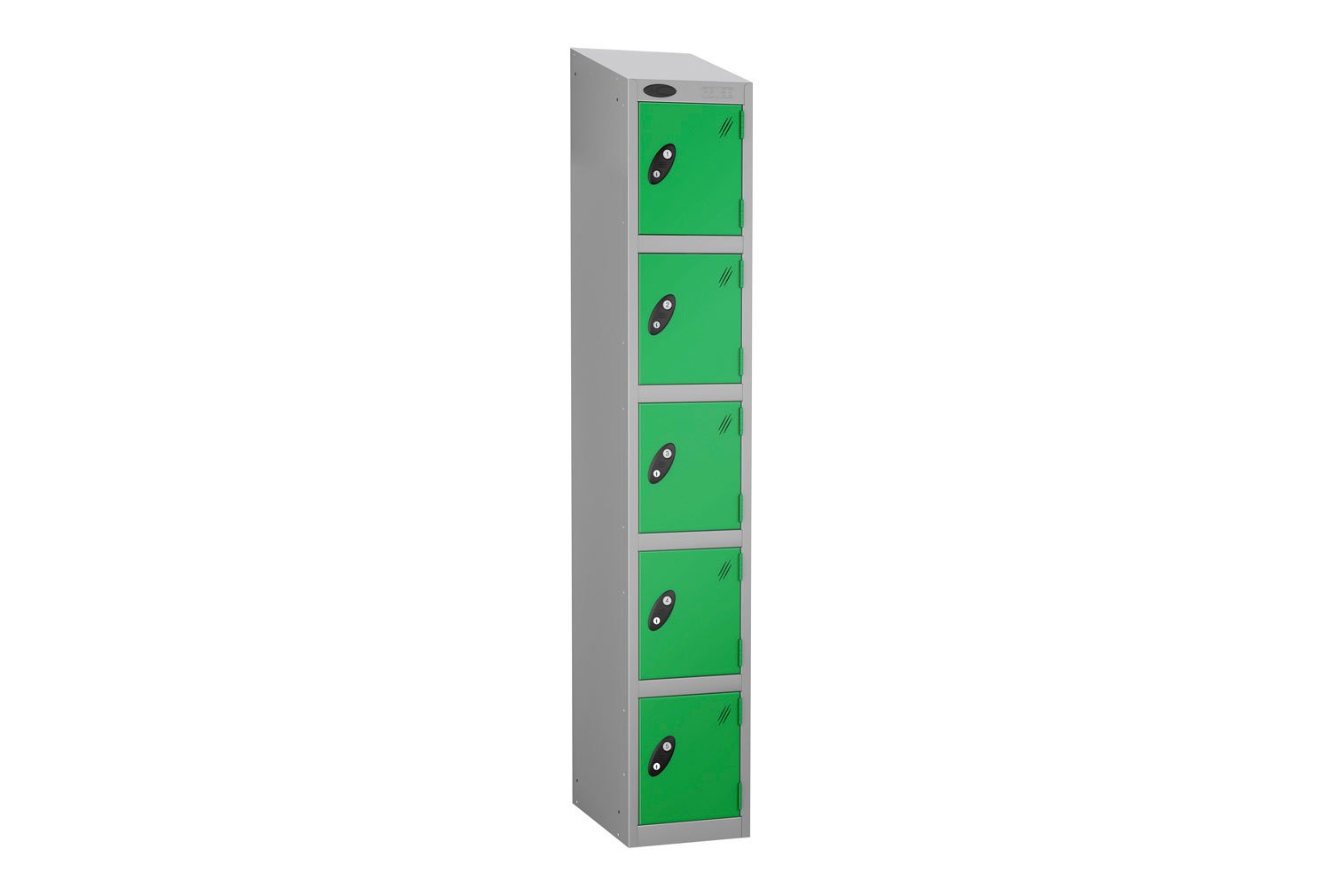Probe Everyday 5 Door Locker With Sloping Top, 31wx46dx193h (cm), Hasp Lock, Silver Body, Green Doors