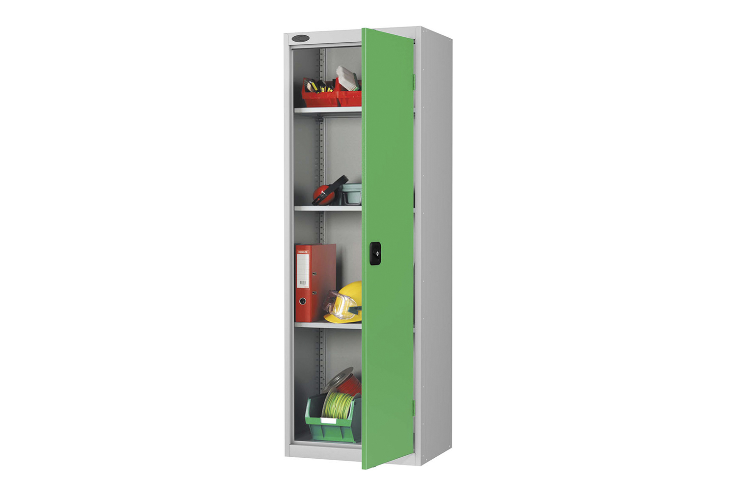 Probe Commercial Slim Standard Office Cupboards (65kg UDL), Cam Lock, Silver Body, Green