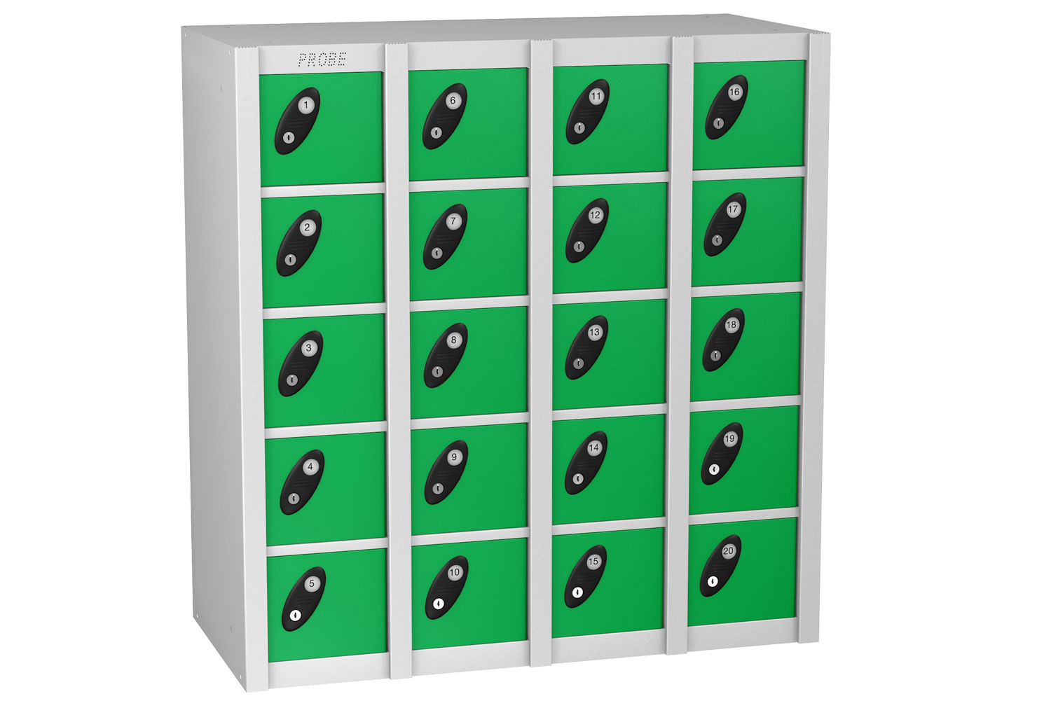 Probe MiniBox 20 Door Low Block Stackable Lockers, Cam Lock, Silver Body, Green
