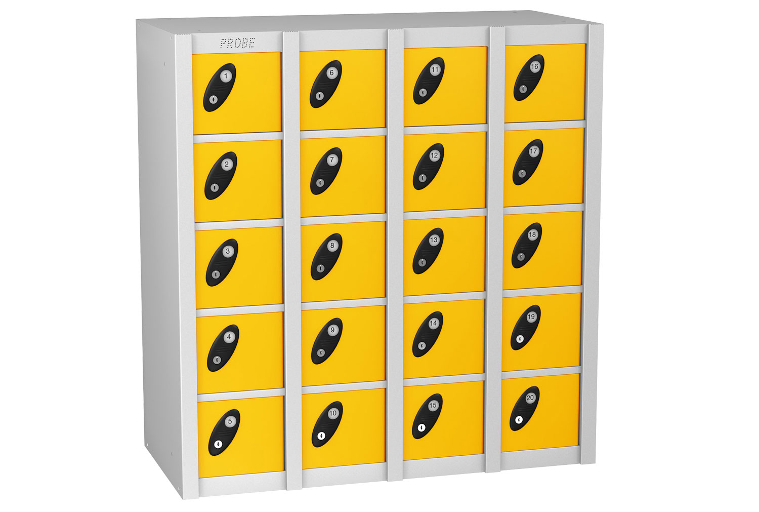 Probe MiniBox 20 Door Low Block Stackable Lockers, Cam Lock, Silver Body, Yellow