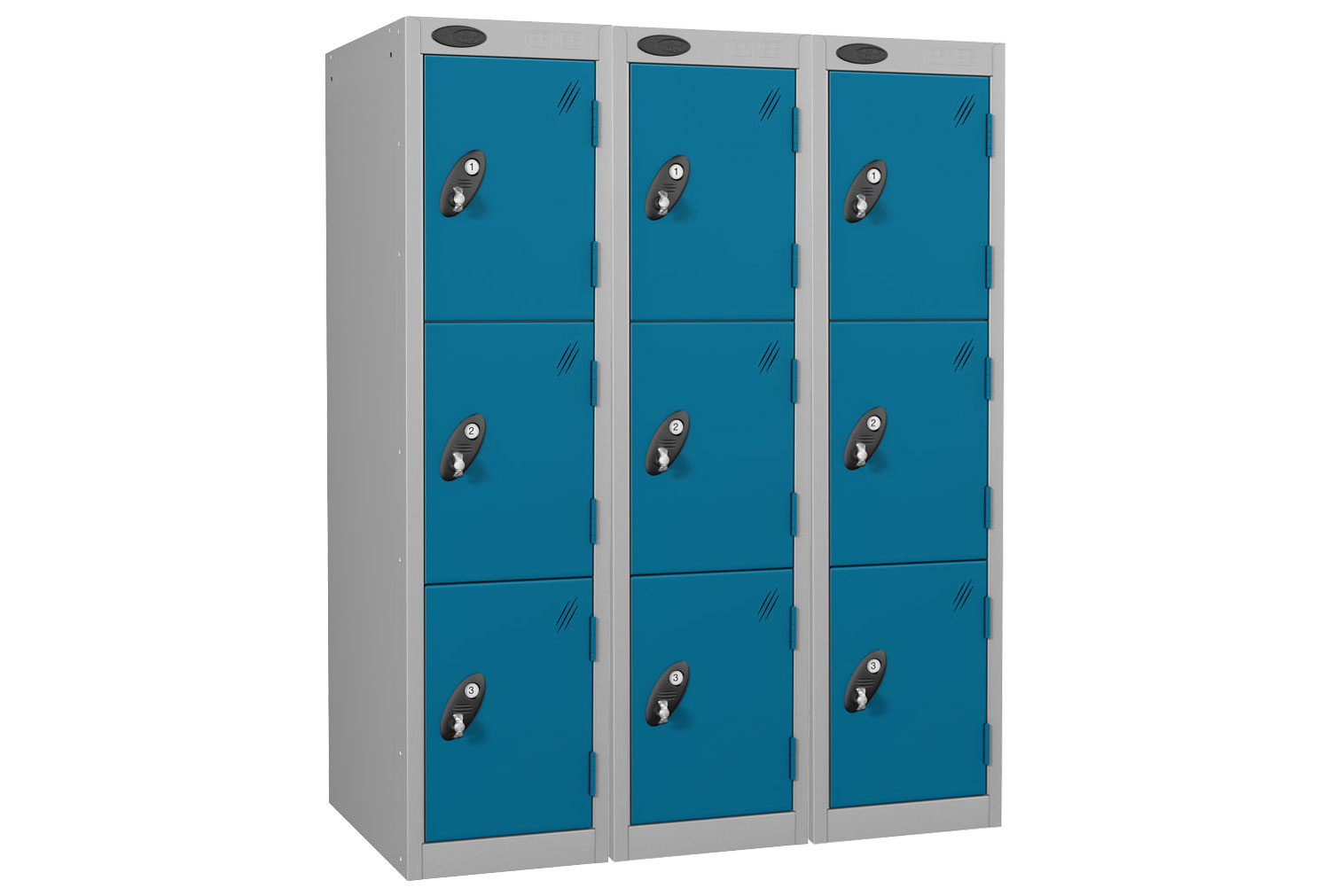 Probe Low 3 Door Locker Nest Of 3, 31wx46dx121h (cm), Cam Lock, Silver Body, Blue Doors