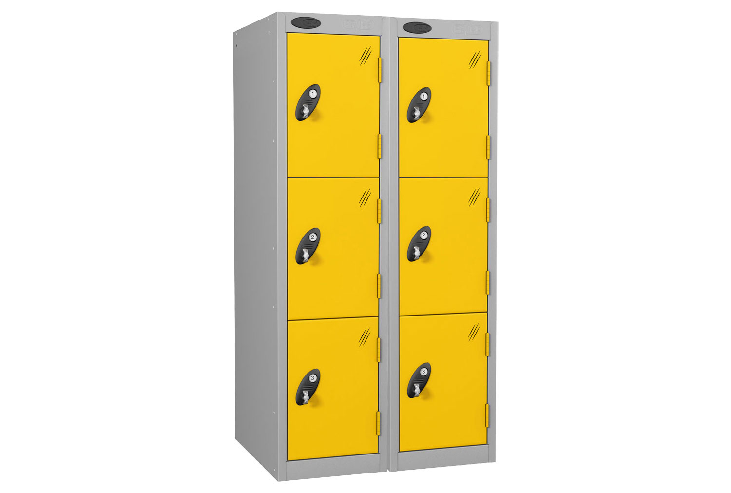Probe Low 3 Door Locker Nest Of 2, 31wx38dx35h (cm), Cam Lock, Silver Body, Yellow