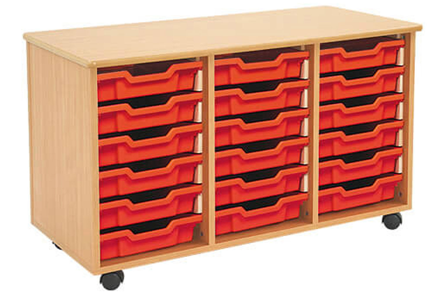 Mobile Tray Classroom Storage Unit With 18 Shallow Gratnells Trays, Red Trays, Express Delivery