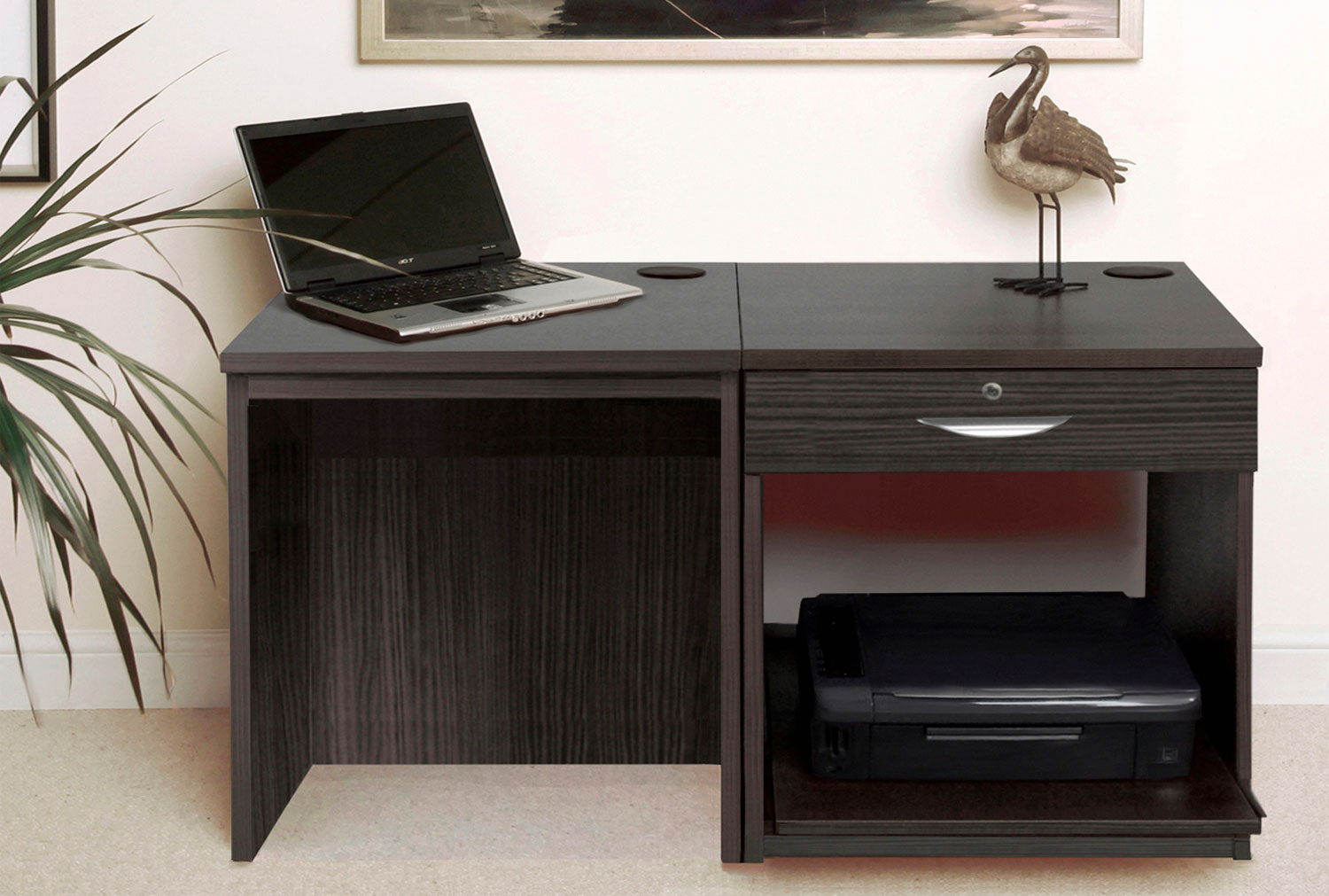 Small Office Home Office Desk Set With Single Drawer & Printer Shelf (Black Havana)