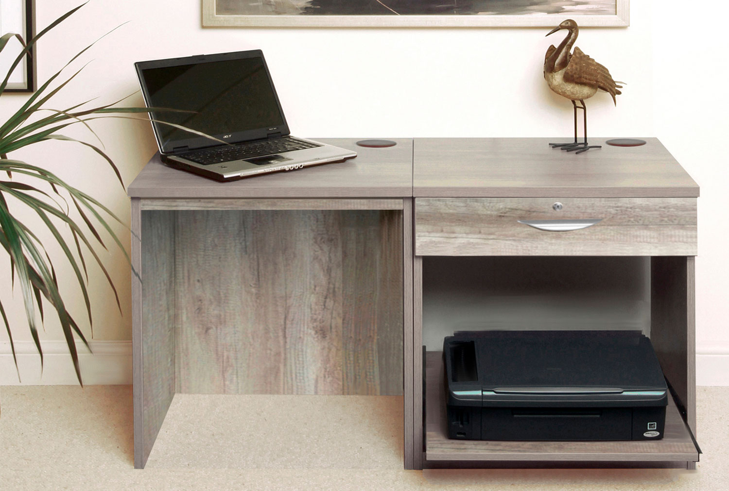 Small Office Home Office Desk Set With Single Drawer & Printer Shelf (Grey Nebraska)