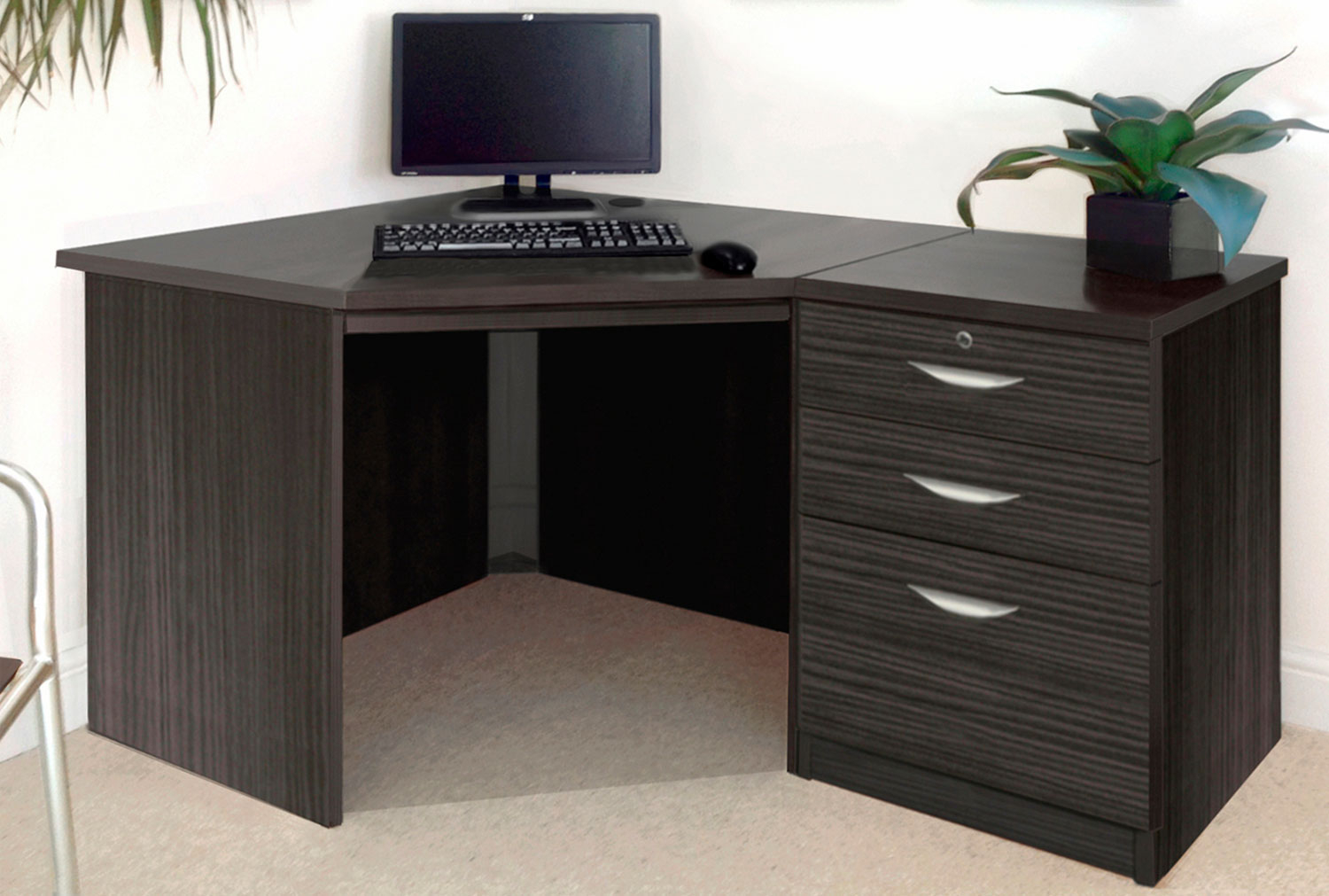 Small Office Corner Home Office Desk Set With 3 Drawers (Black Havana), Black Havana
