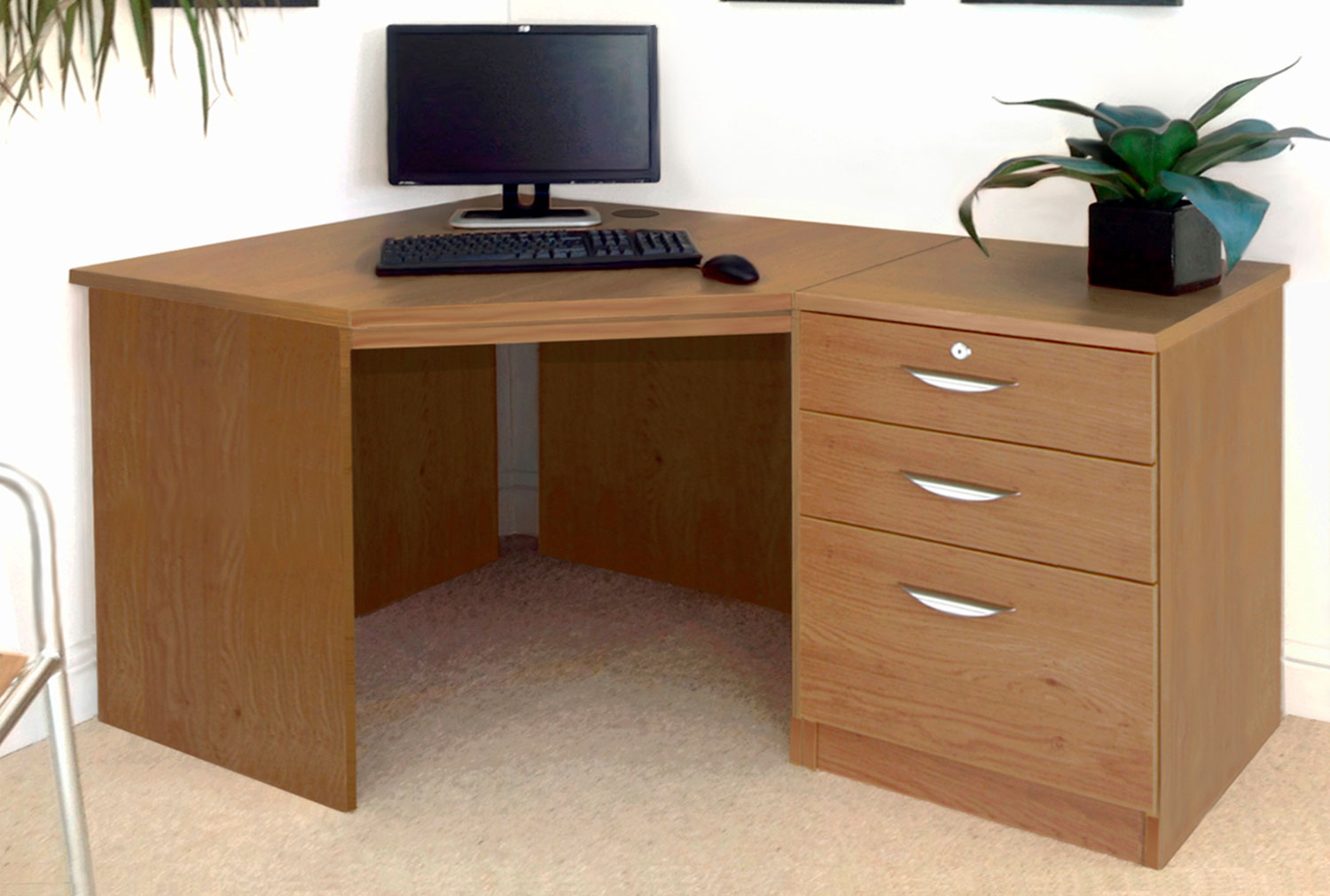 Small Office Corner Home Office Desk Set With 3 Drawers (English Oak), English Oak