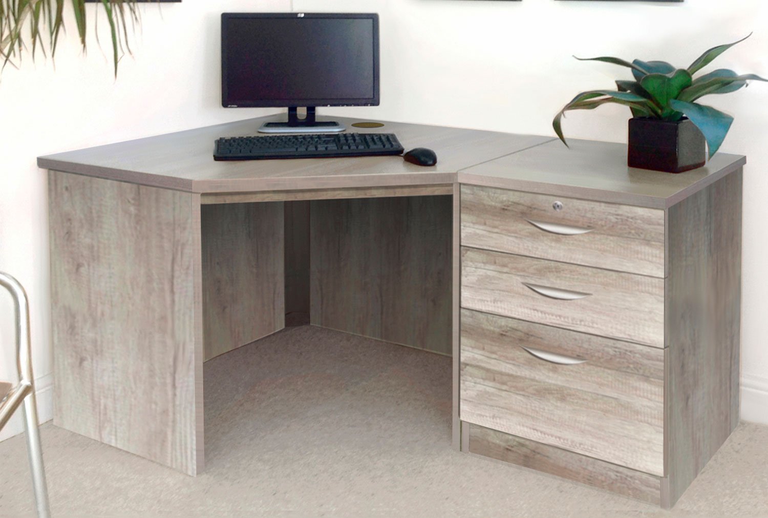 Small Office Corner Home Office Desk Set With 3 Drawers (Grey Nebraska), Grey Nebraska