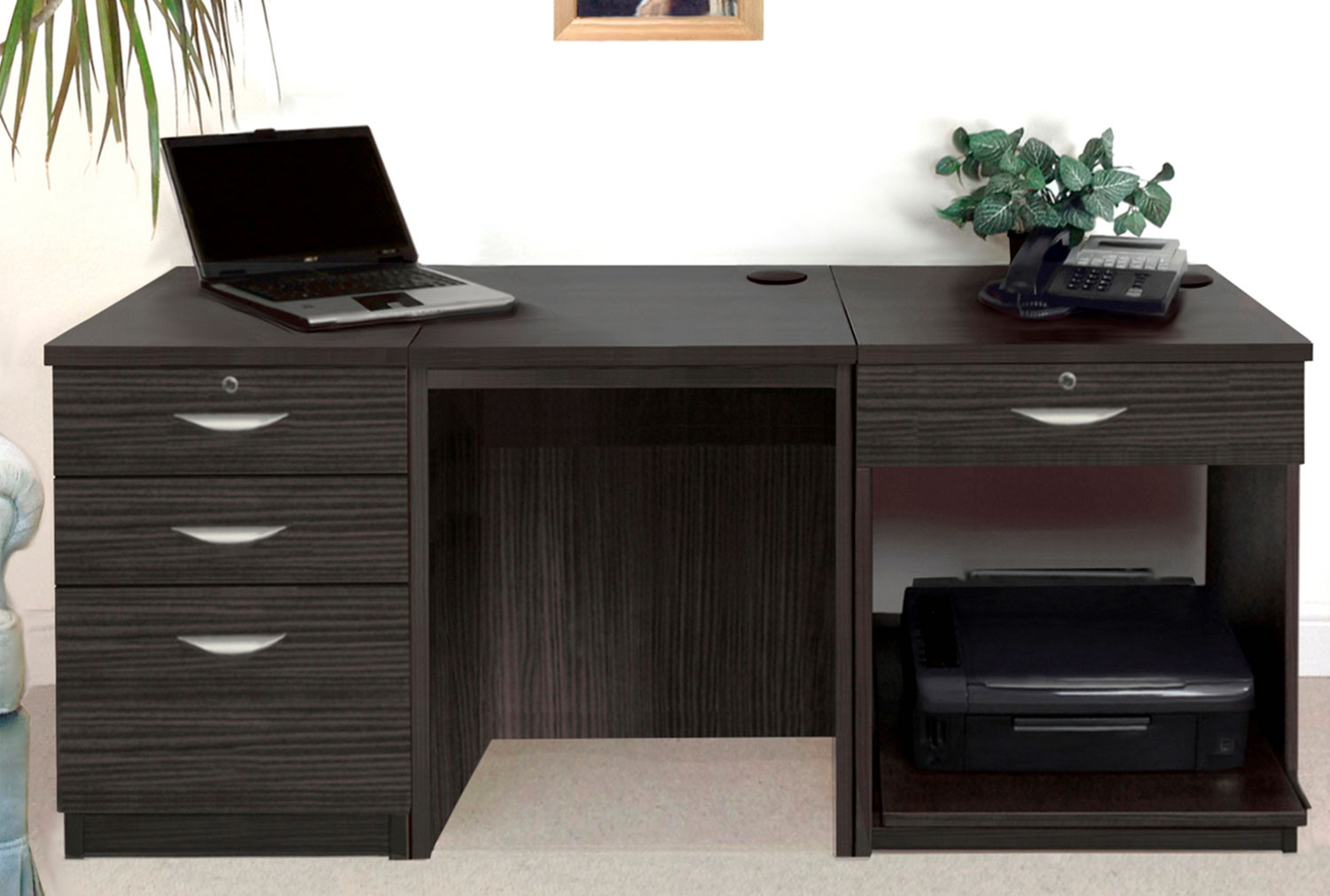 Small Office Home Office Desk Set With 3+1 Drawers & Printer Shelf (Black Havana)