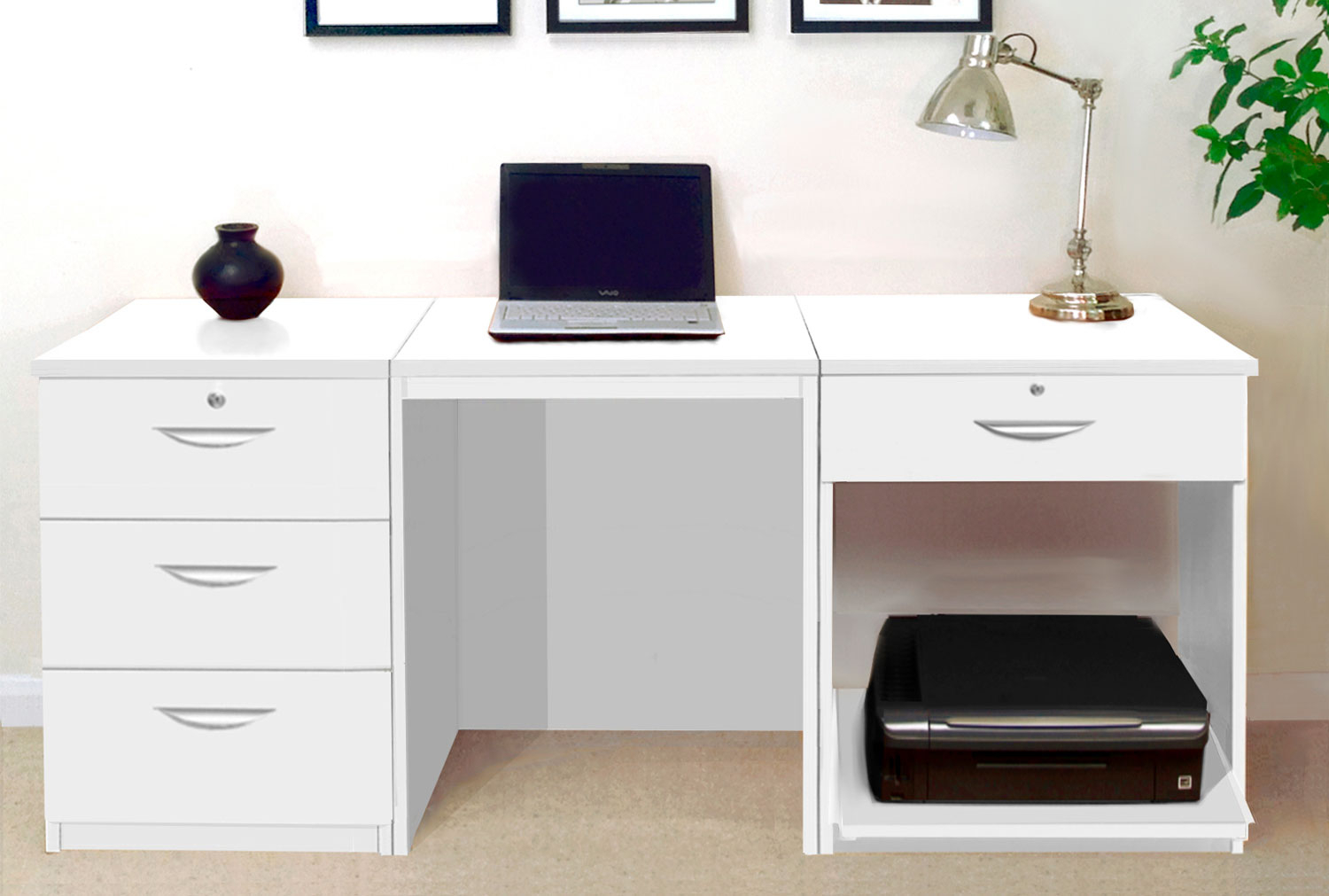 Small Home Office Desk Set With 3 Media Drawers, 1 Standard Drawer & Printer Shelf (White)