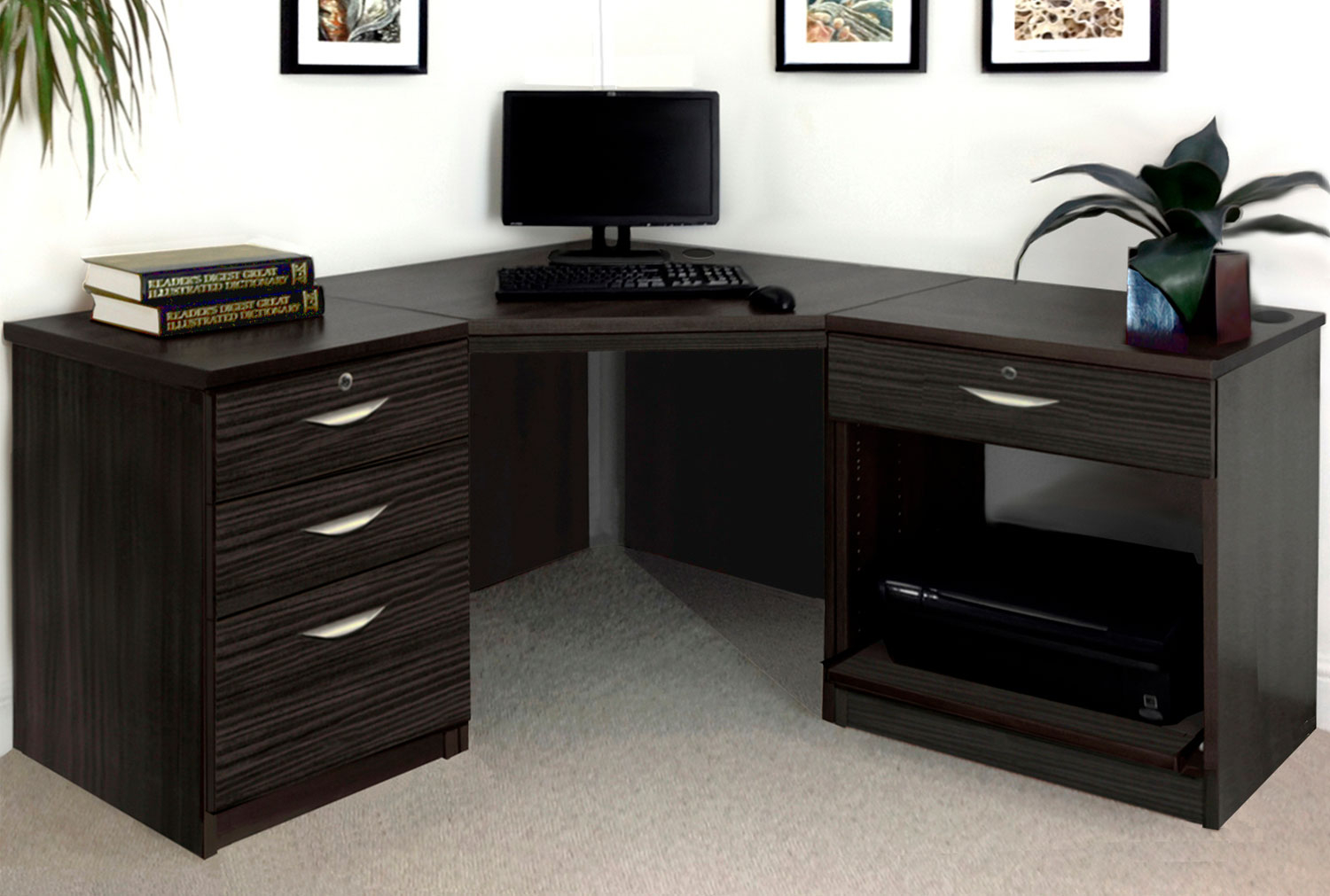 Small Office Corner Home Office Desk Set With 3+1 Drawers & Printer Shelf (Black Havana), Black Havana