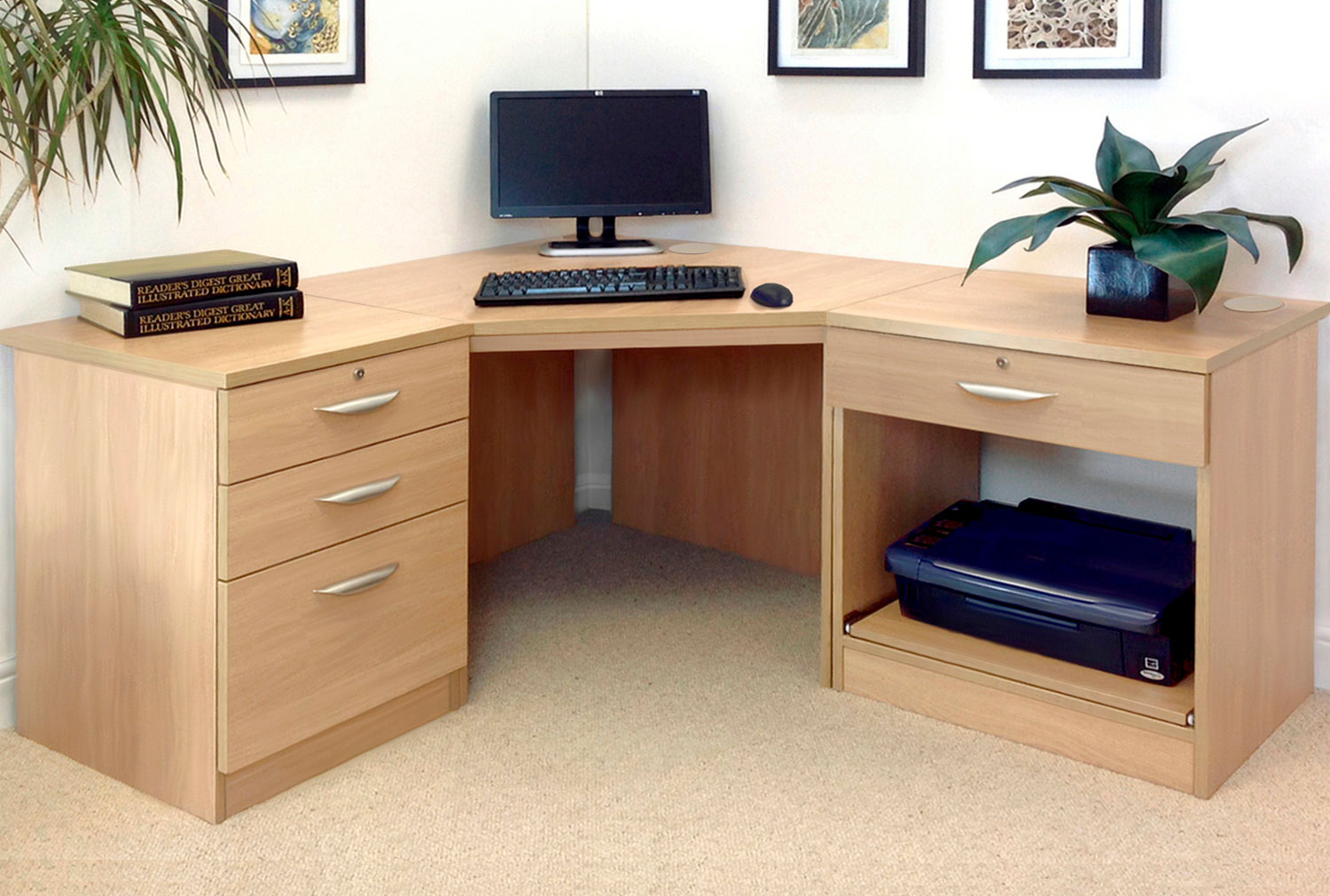 Small Office Corner Home Office Desk Set With 3+1 Drawers & Printer Shelf (Classic Oak), Classic Oak