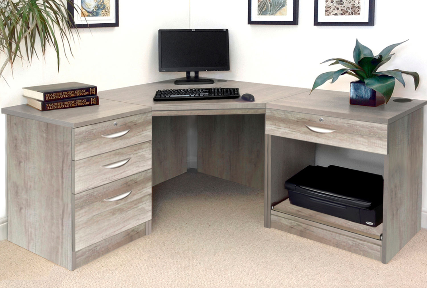 Small Office Corner Home Office Desk Set With 3+1 Drawers & Printer Shelf (Grey Nebraska), Grey Nebraska