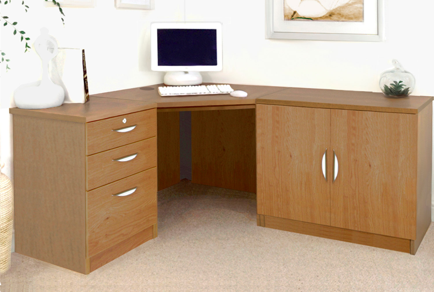 Small Office Corner Home Office Desk Set With 3 Drawers & Cupboard (English Oak), English Oak