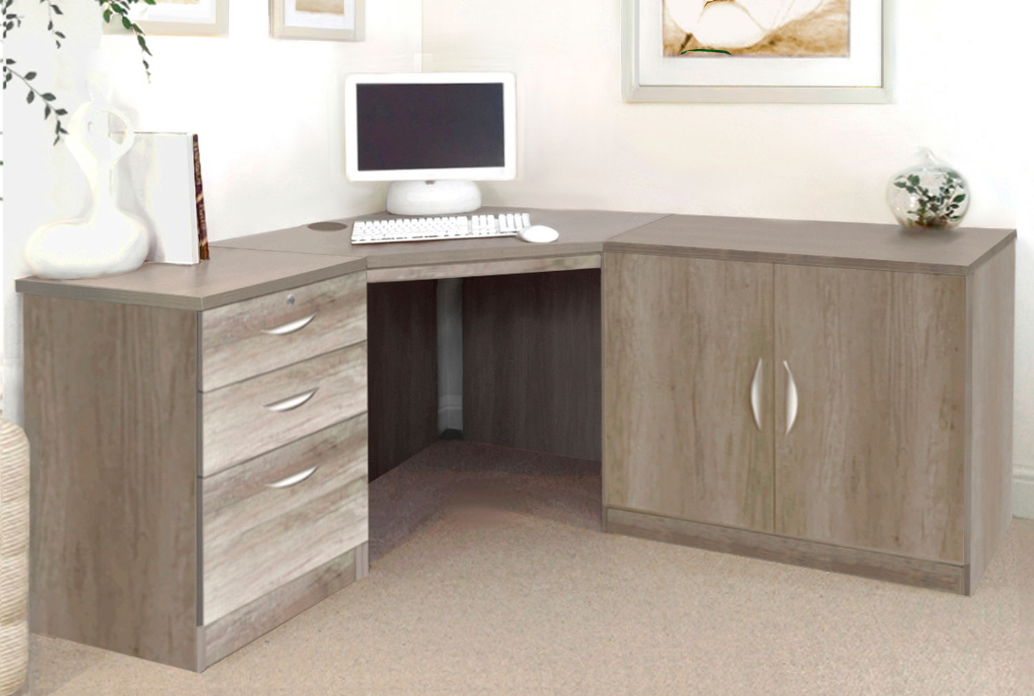 Small Office Corner Home Office Desk Set With 3 Drawers & Cupboard (Grey Nebraska), Grey Nebraska