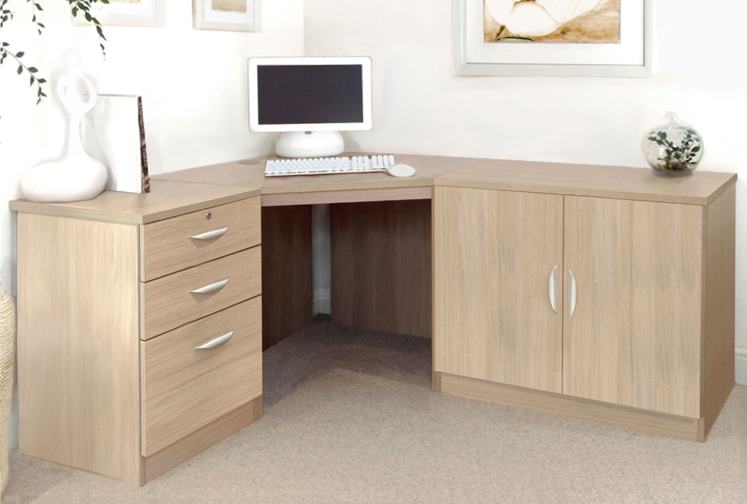 Small Office Corner Home Office Desk Set With 3 Drawers & Cupboard (Sandstone), Sandstone