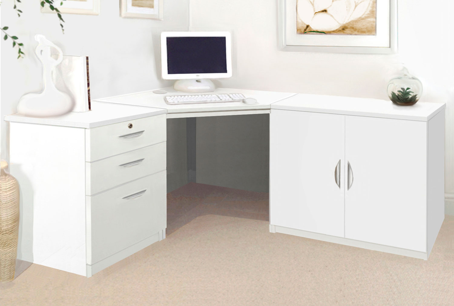 Small Office Corner Home Office Desk Set With 3 Drawers & Cupboard (White), White