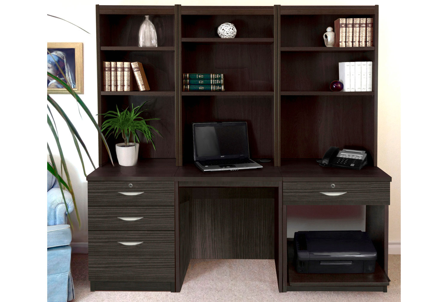 Small Home Office Desk Set With 3+1 Drawers, Printer Shelf & Hutch Bookcases (Black Havana)