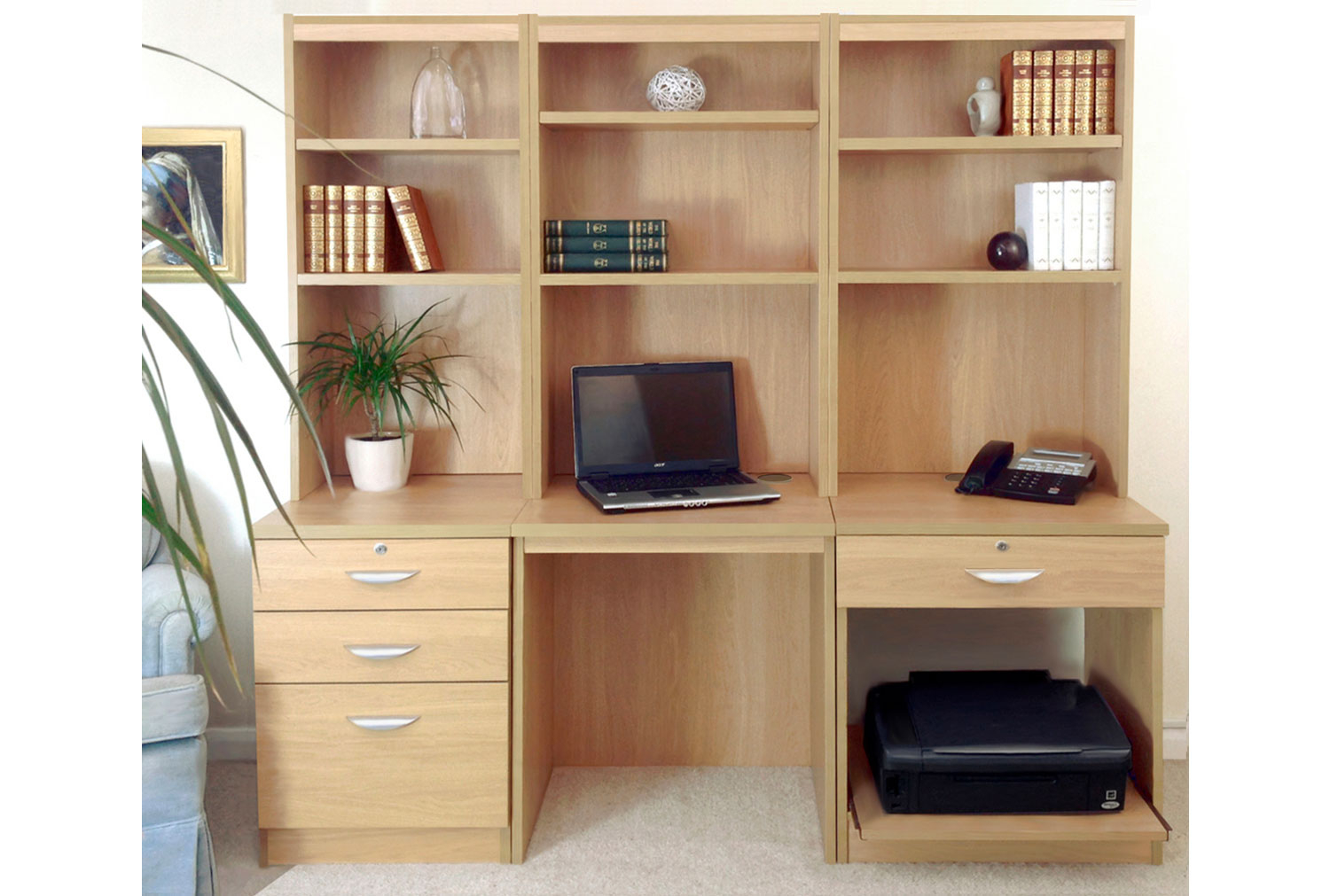 Small Office Home Office Desk Set With 3+1 Drawers Printer Shelf & Hutch Bookcases (Classic Oak)