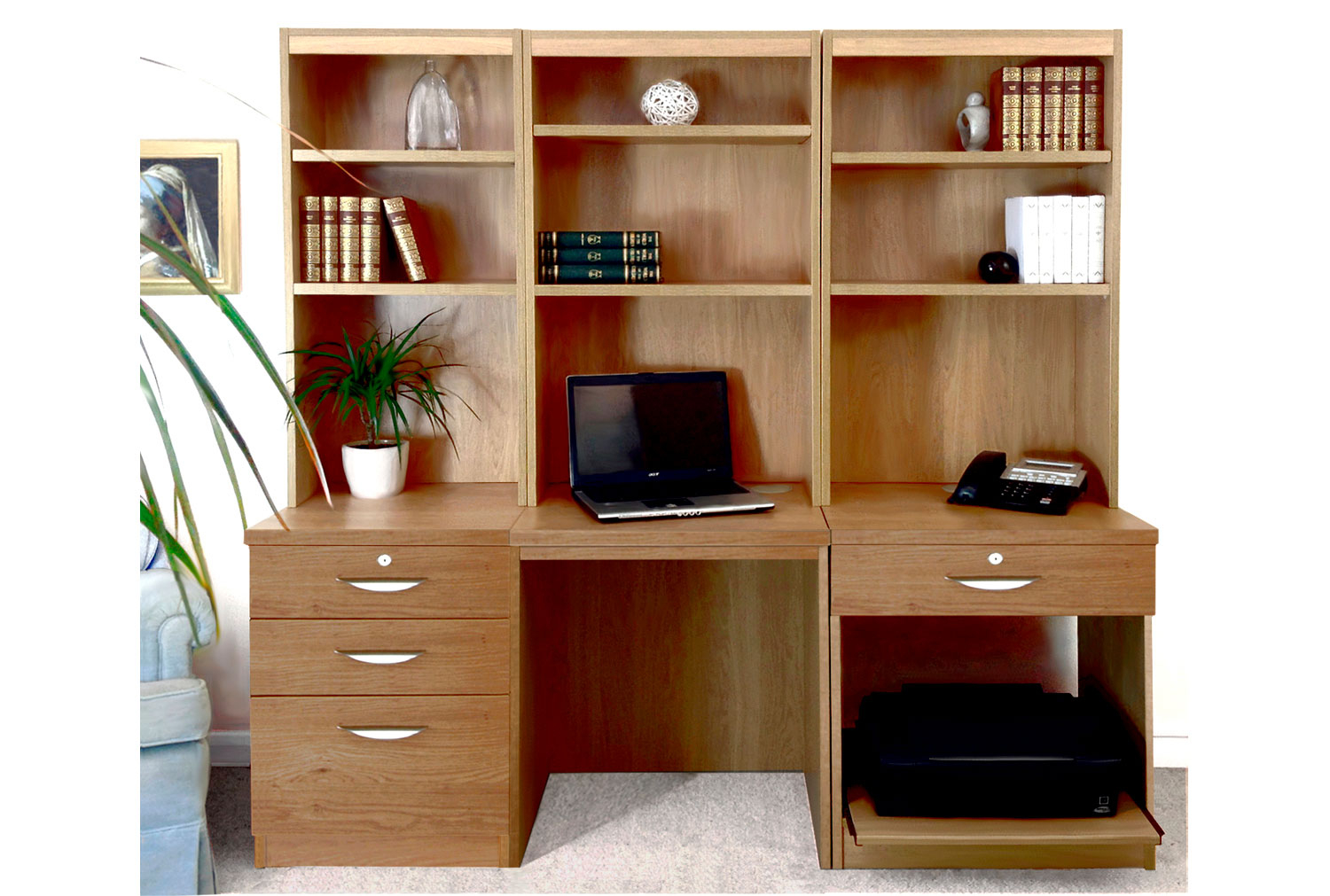 Small Office Home Office Desk Set With 3+1 Drawers Printer Shelf & Hutch Bookcases (English Oak)