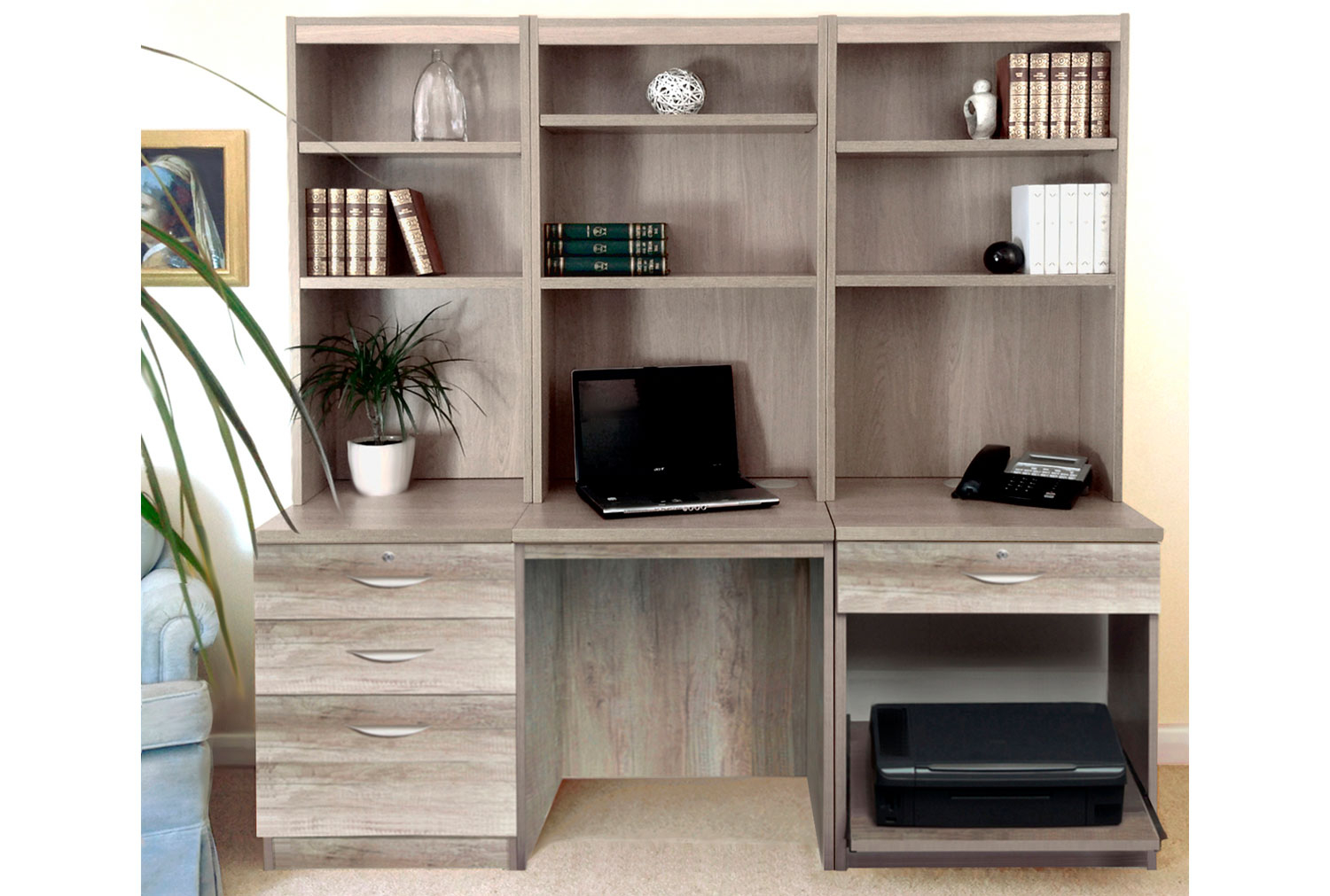 Small Office Home Office Desk Set With 3+1 Drawers Printer Shelf & Hutch Bookcases (Grey Nebraska)