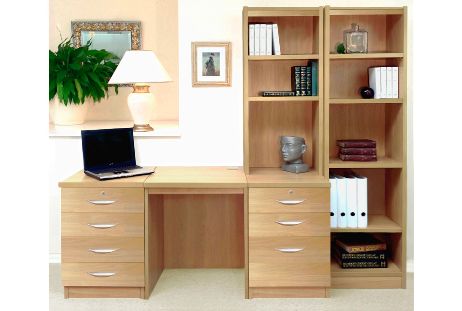 Small Office Desk Set With 4+3 Drawers & Bookcases (Classic Oak)