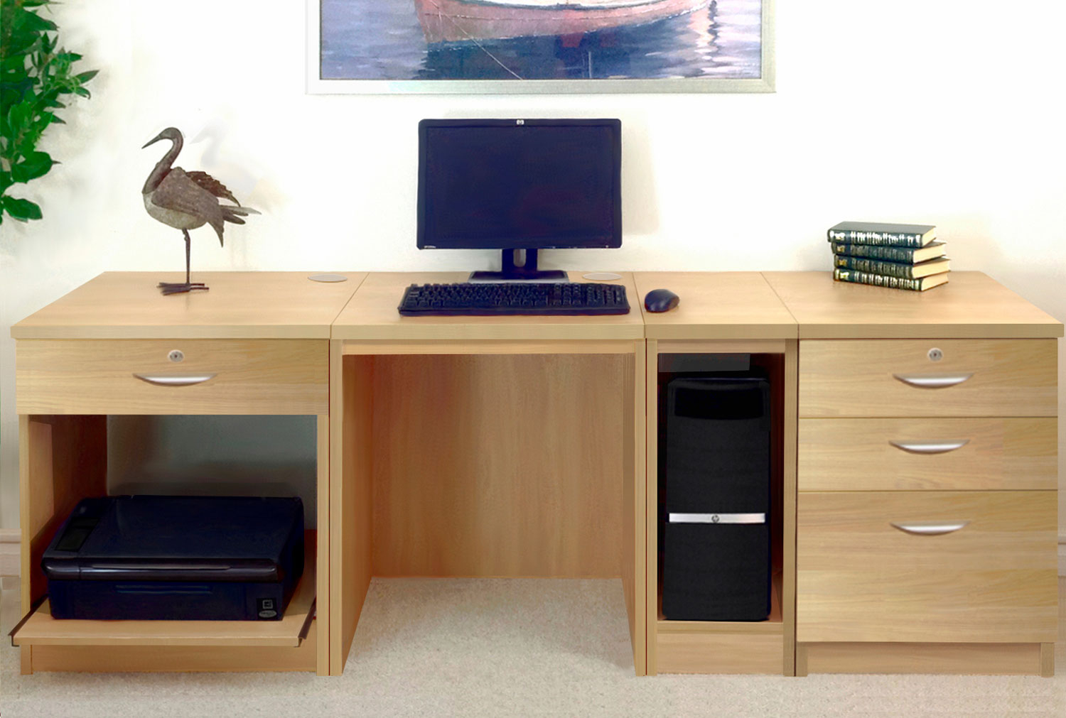 Small Office Home Office Desk Set With 1+3 Drawers Printer Shelf & CPU Unit (Classic Oak)