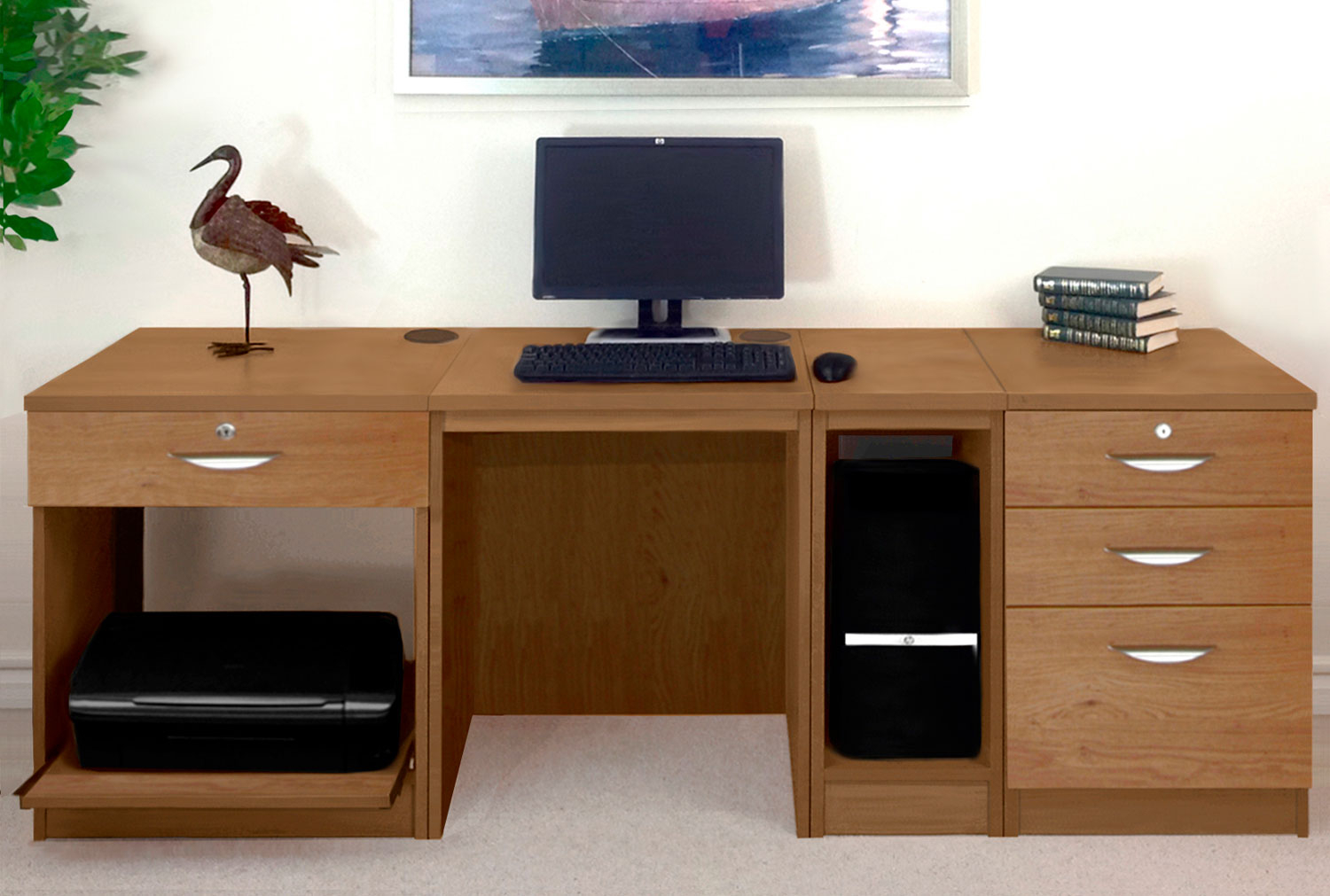 Small Office Home Office Desk Set With 1+3 Drawers Printer Shelf & CPU Unit (English Oak)