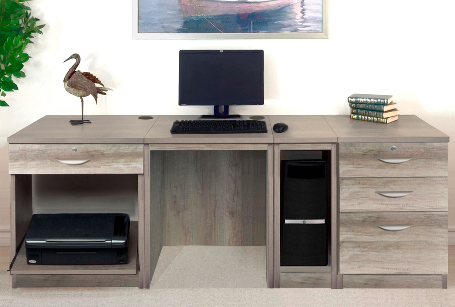 Small Office Home Office Desk Set With 1+3 Drawers Printer Shelf & CPU Unit (Grey Nebraska)