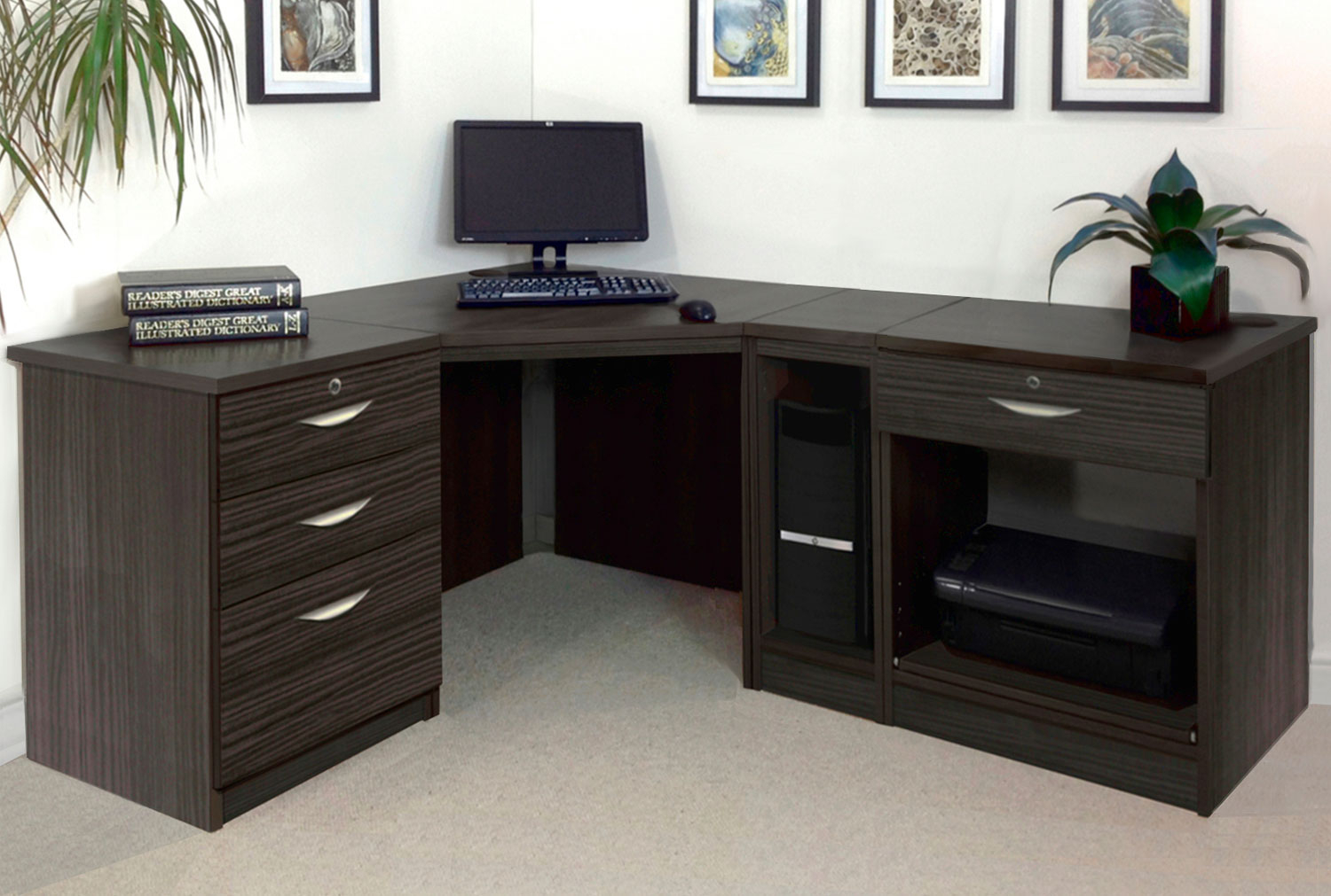 Small Office Corner Home Office Desk Set With 3+1 Drawers Printer Shelf & CPU Unit (Black Havana), Black Havana