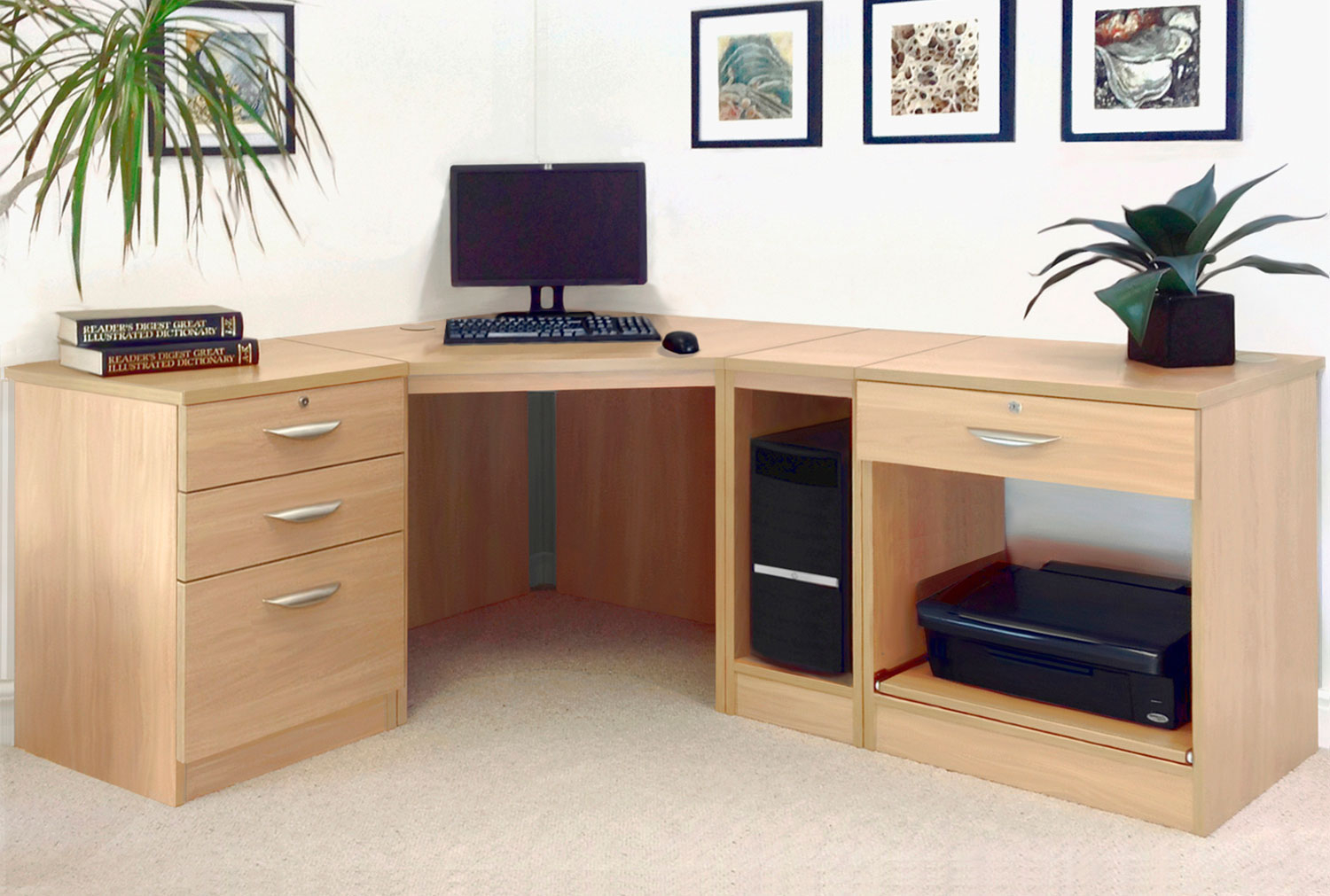 Small Office Corner Home Office Desk Set With 3+1 Drawers Printer Shelf & CPU Unit (Classic Oak), Classic Oak
