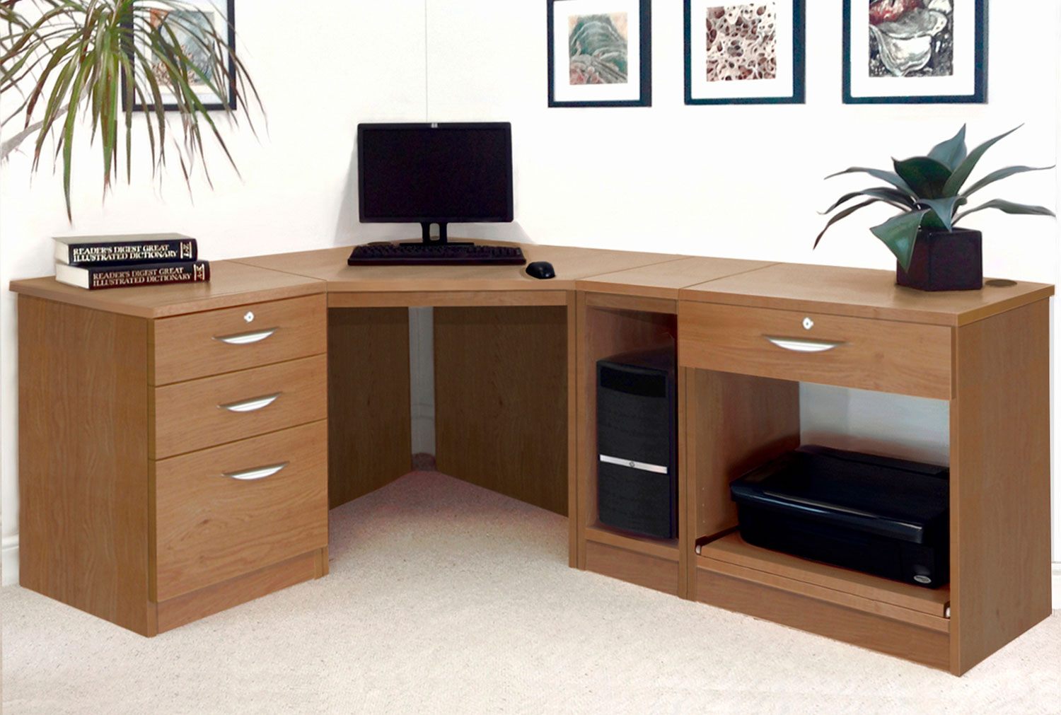 Small Office Corner Home Office Desk Set With 3+1 Drawers, Printer Shelf & CPU Unit (English Oak), English Oak