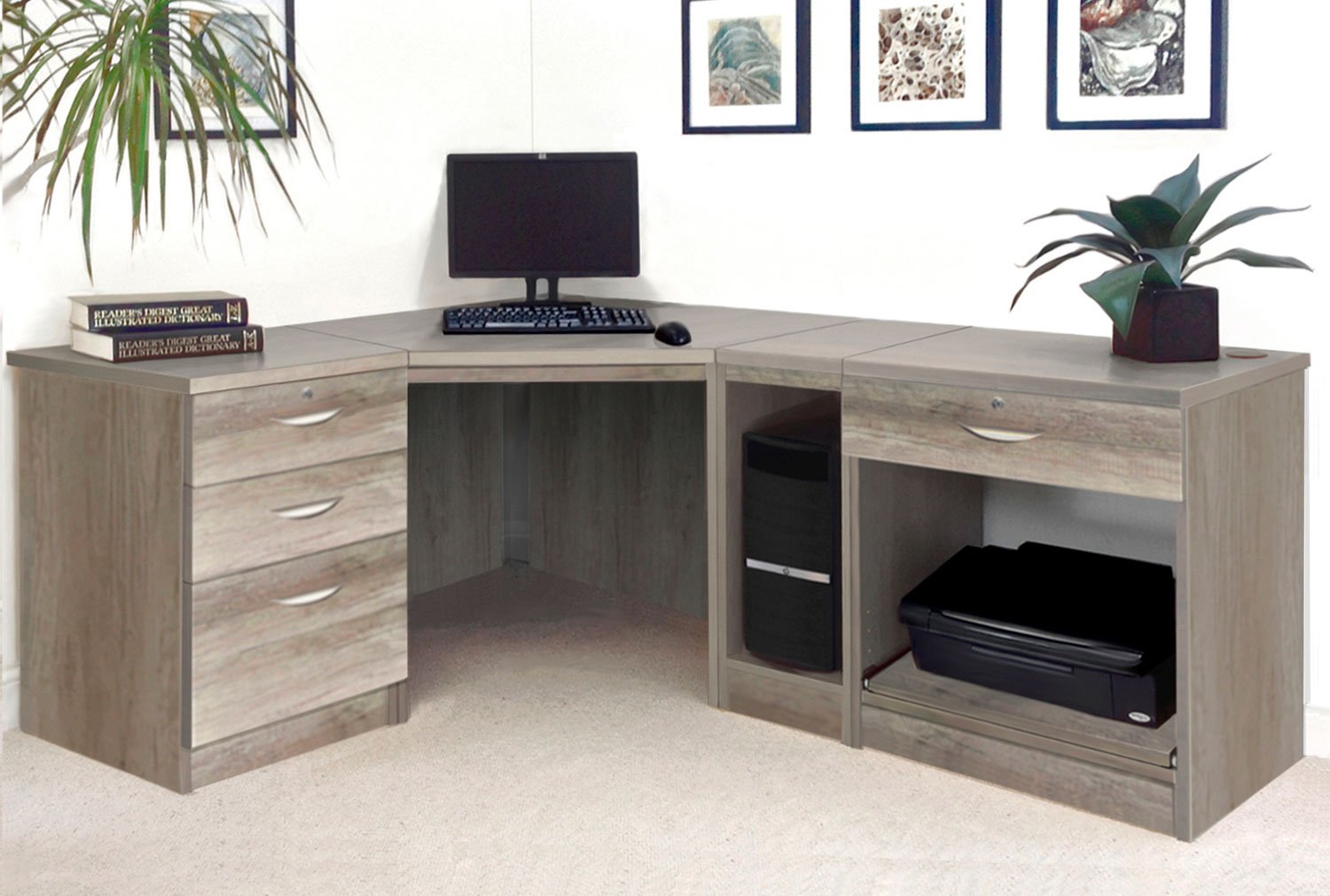 Small Office Corner Home Office Desk Set With 3+1 Drawers Printer Shelf & CPU Unit (Grey Nebraska), Grey Nebraska
