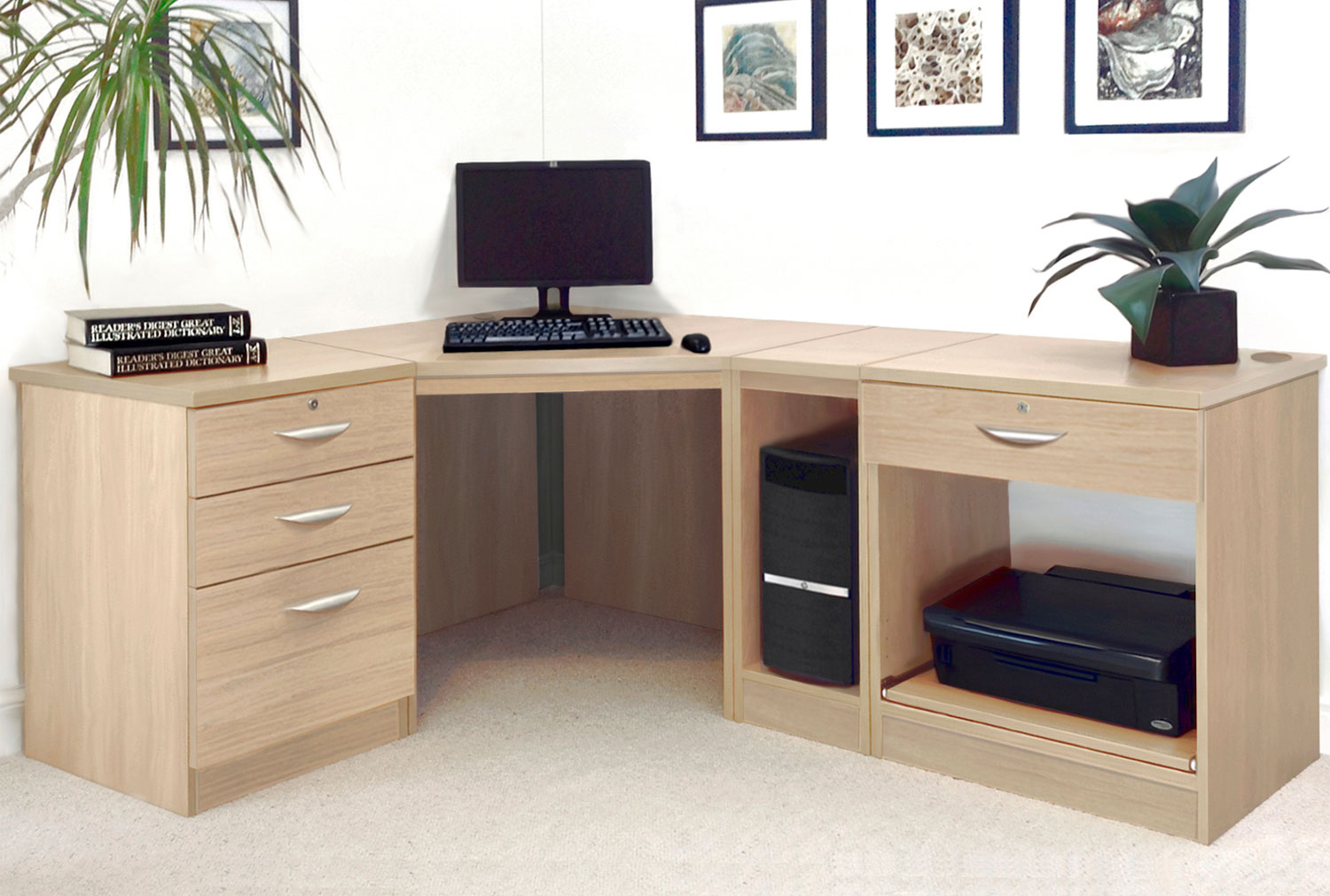 Small Office Corner Home Office Desk Set With 3+1 Drawers Printer Shelf & CPU Unit (Sandstone), Sandstone