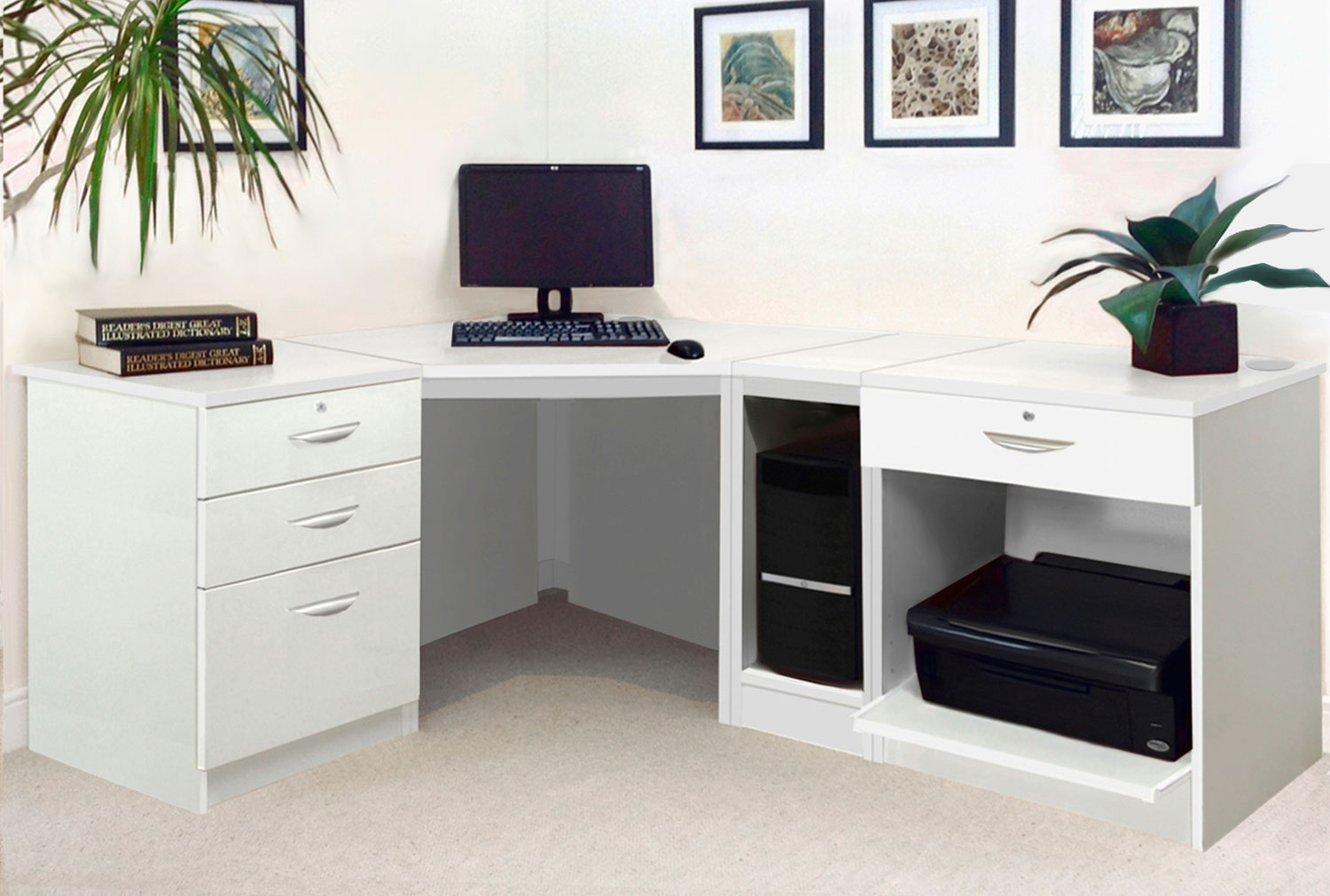 Small Home Office Corner Desk Set With 3+1 Drawers, Printer Shelf & CPU Unit (White)