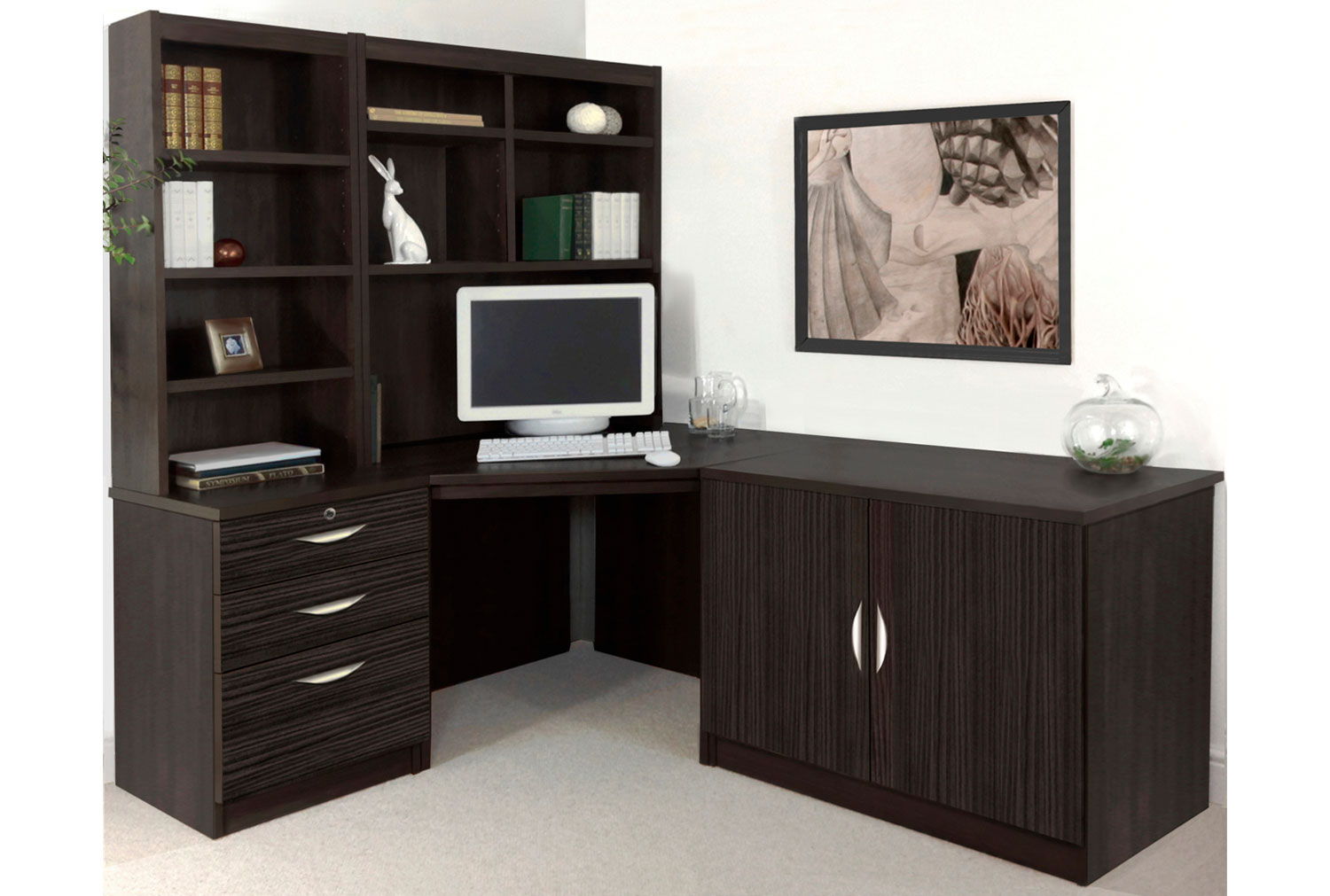 Small Office Corner Home Office Desk Set With 3 Drawers Cupboard & Hutch Bookcases (Black Havana), Black Havana