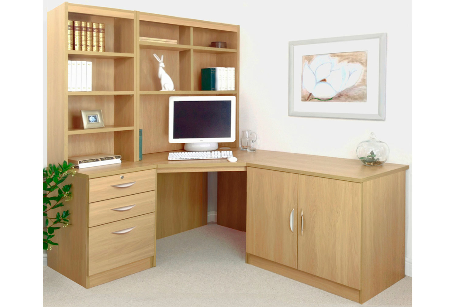 Small Office Corner Home Office Desk Set With 3 Drawers Cupboard & Hutch Bookcases (Classic Oak), Classic Oak