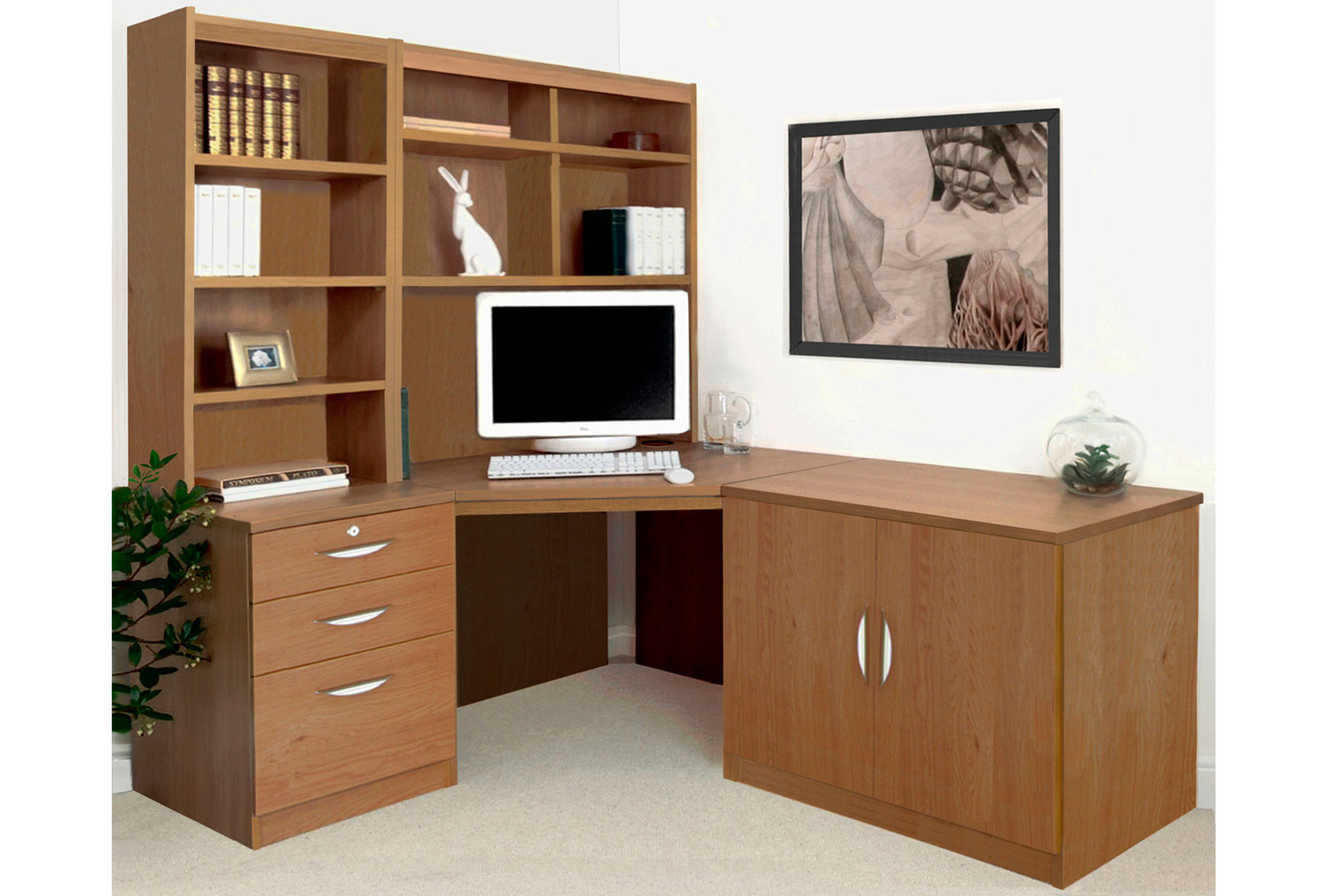 Small Office Corner Home Office Desk Set With 3 Drawers Cupboard & Hutch Bookcases (English Oak), English Oak