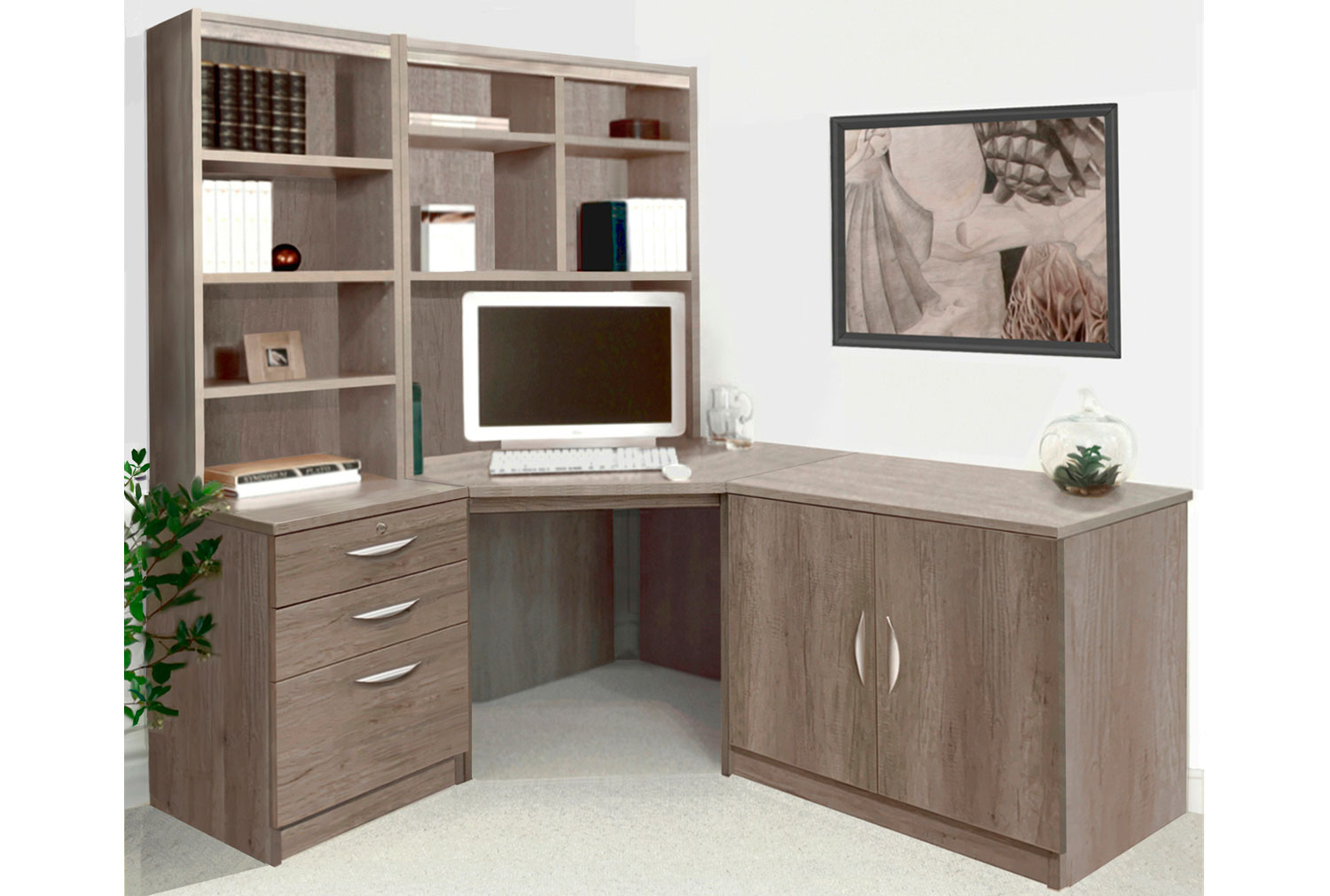 Small Office Corner Home Office Desk Set With 3 Drawers Cupboard & Hutch Bookcases (Grey Nebraska), Grey Nebraska